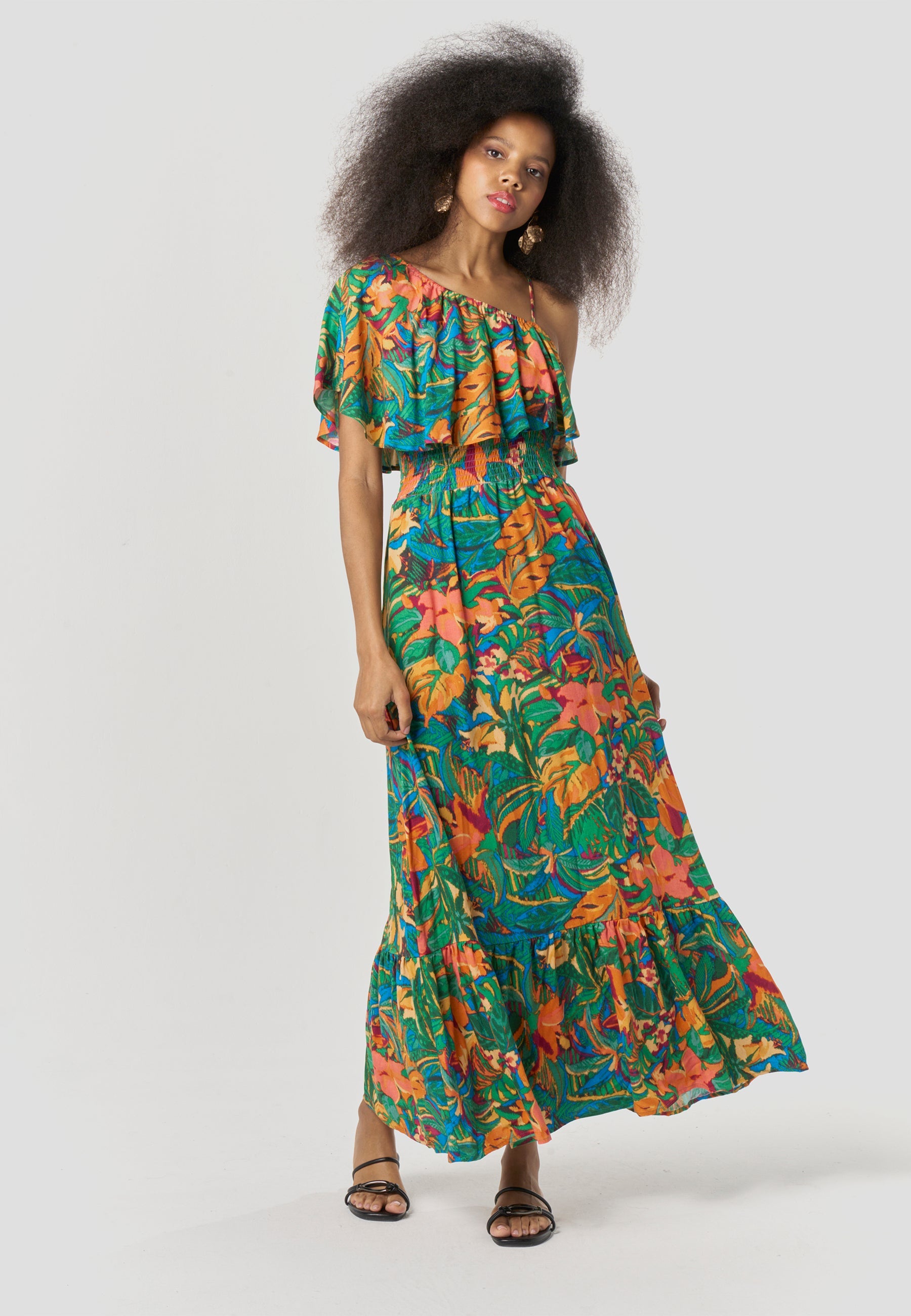 Vestido Largo Mujer Escote Asimétrico Estampado Floral – Koroshi Multicolor