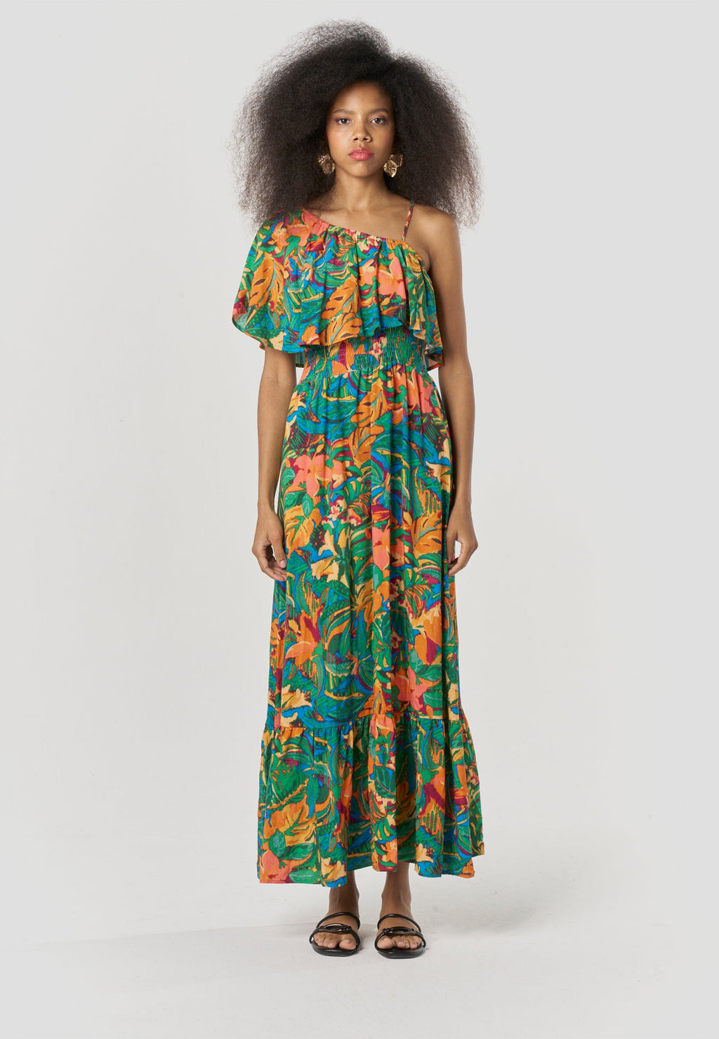 Vestido Largo Mujer Escote Asimétrico Estampado Floral – Koroshi Multicolor
