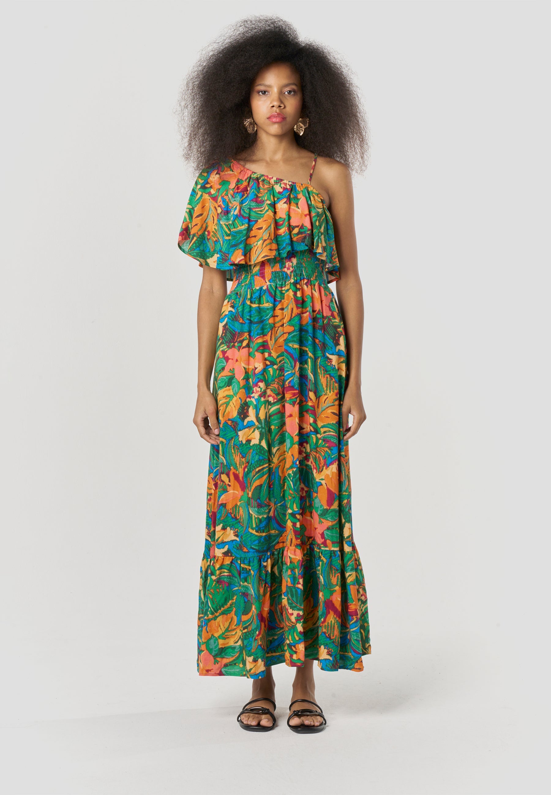 Vestido Largo Mujer Escote Asimétrico Estampado Floral – Koroshi Multicolor