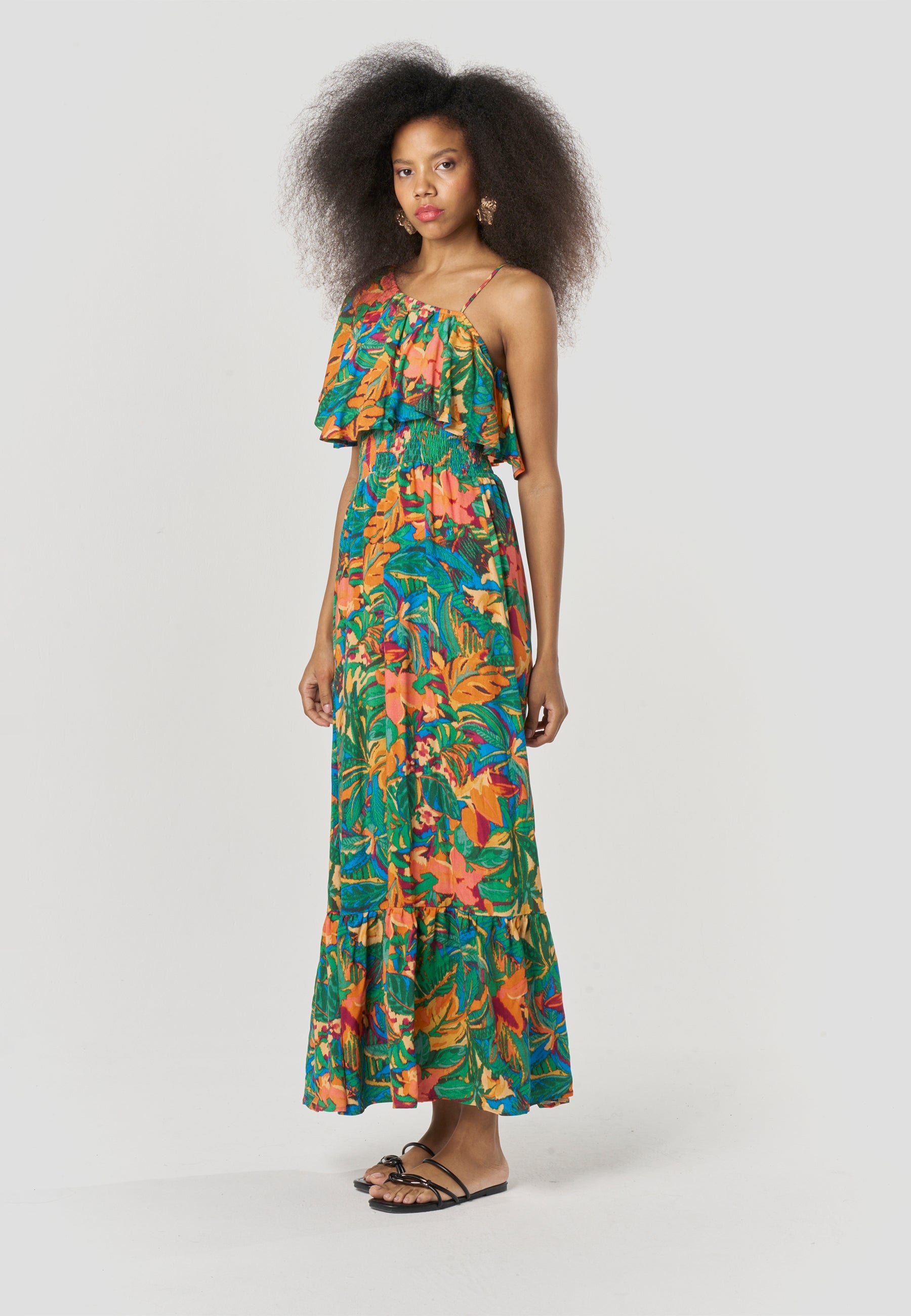 Vestido Largo Mujer Escote Asimétrico Estampado Floral – Koroshi Multicolor