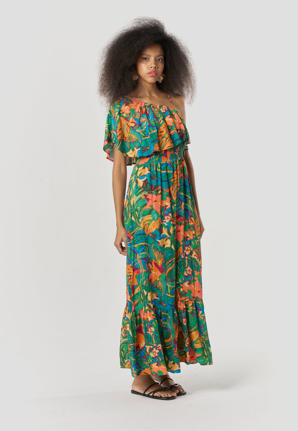 Vestido Largo Mujer Escote Asimétrico Estampado Floral – Koroshi Multicolor