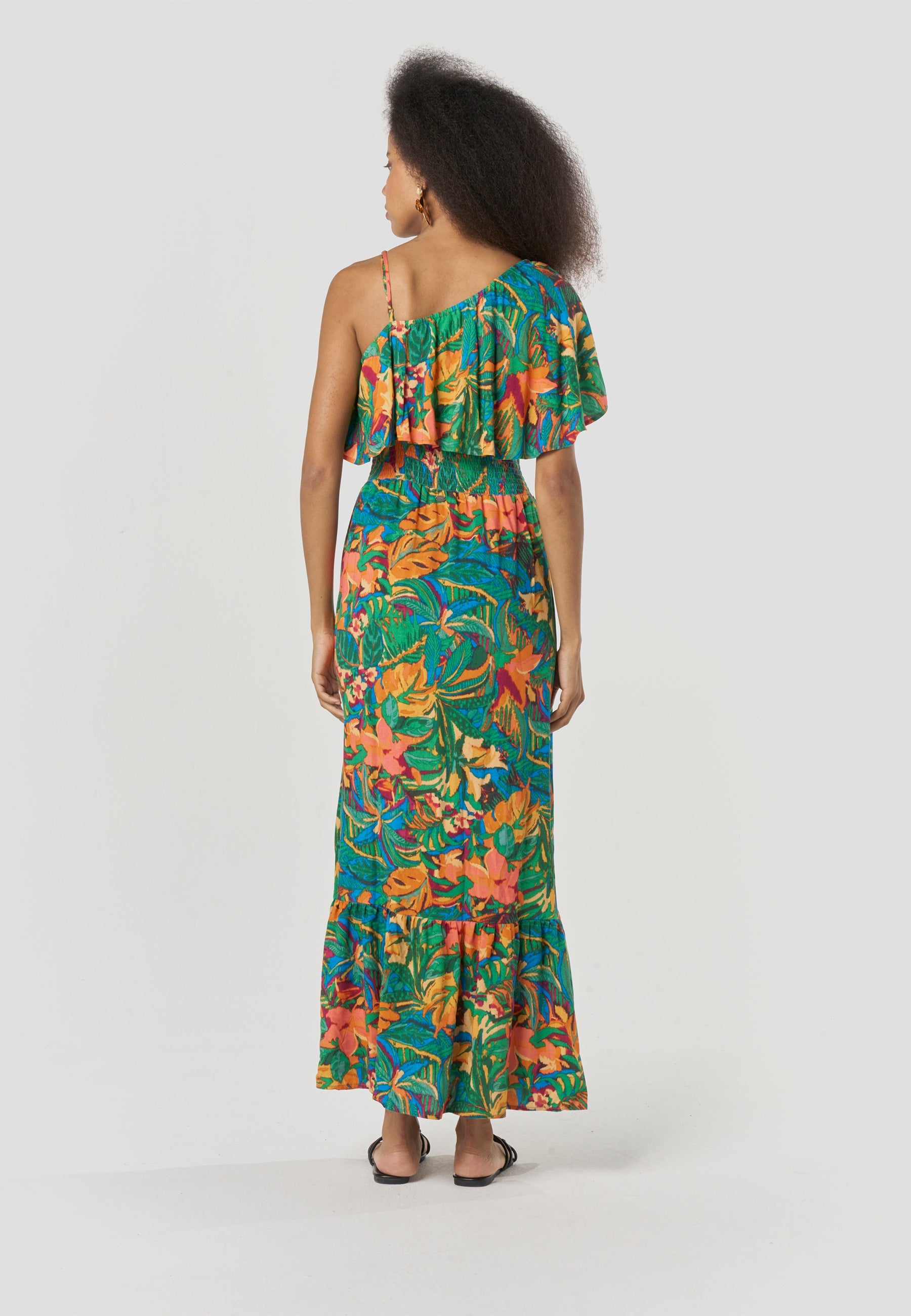 Vestido Largo Mujer Escote Asimétrico Estampado Floral – Koroshi Multicolor