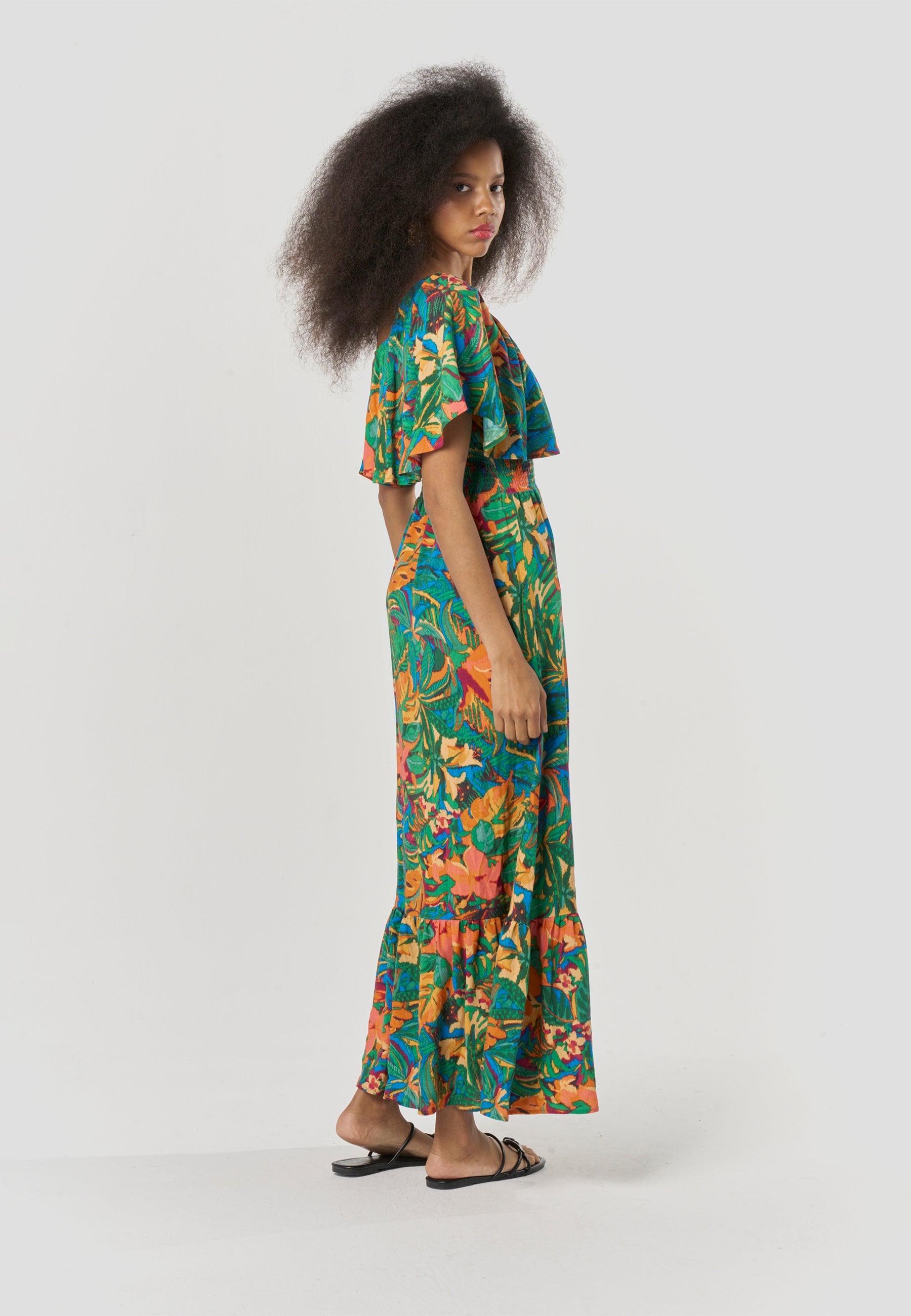Vestido Largo Mujer Escote Asimétrico Estampado Floral – Koroshi Multicolor