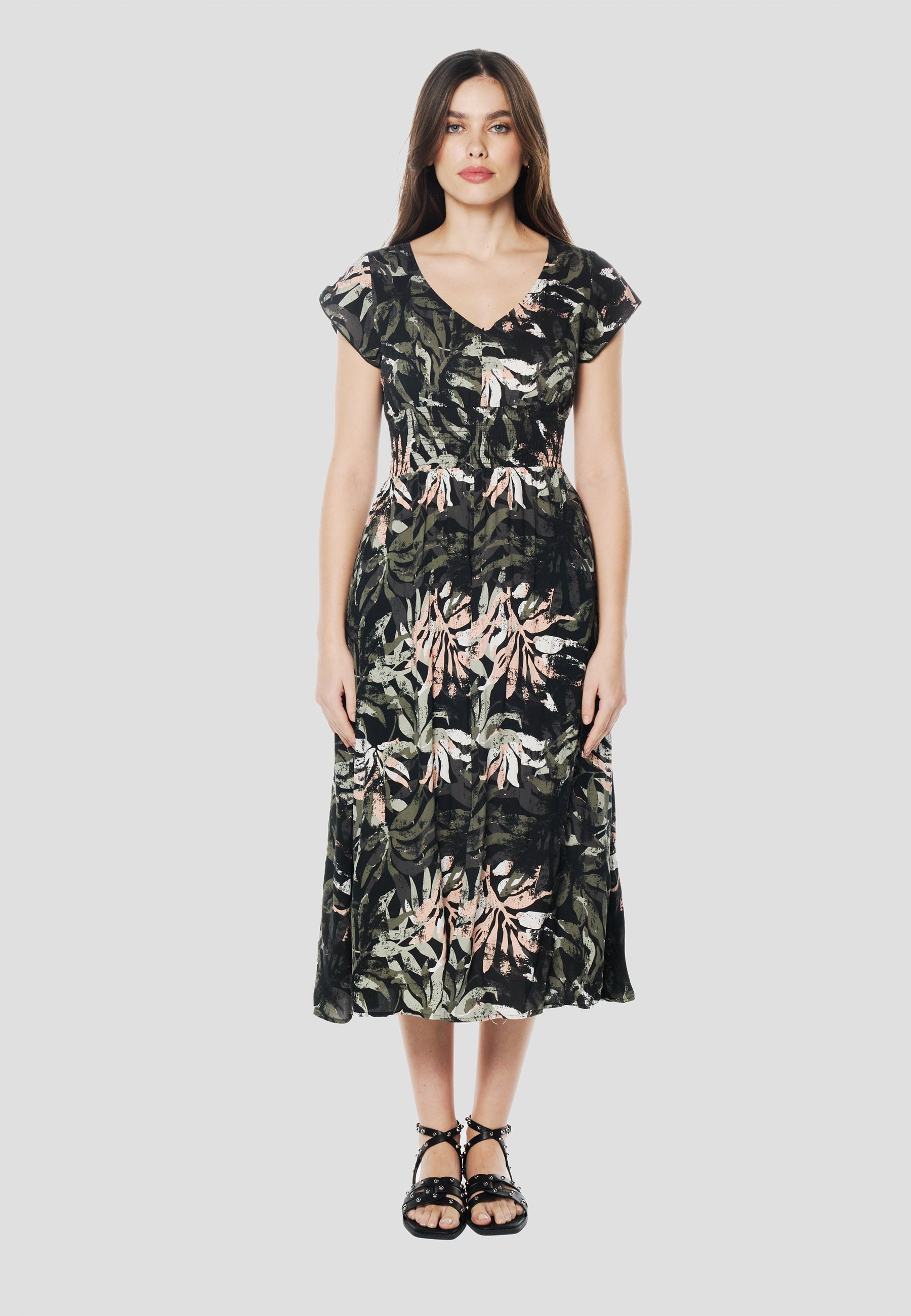 Vestido Midi Viscosa Mujer Estampado Floral Escote V – Koröshi