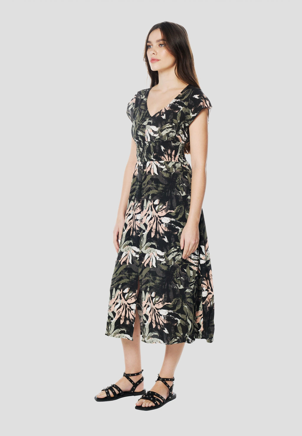 Vestido Midi Viscosa Mujer Estampado Floral Escote V – Koröshi