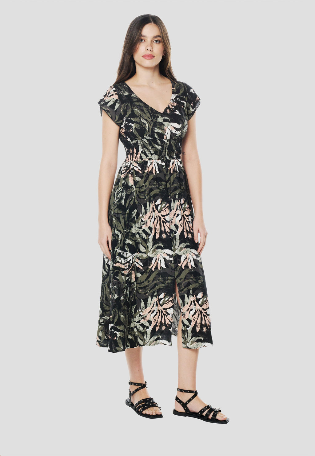 Vestido Midi Viscosa Mujer Estampado Floral Escote V – Koröshi