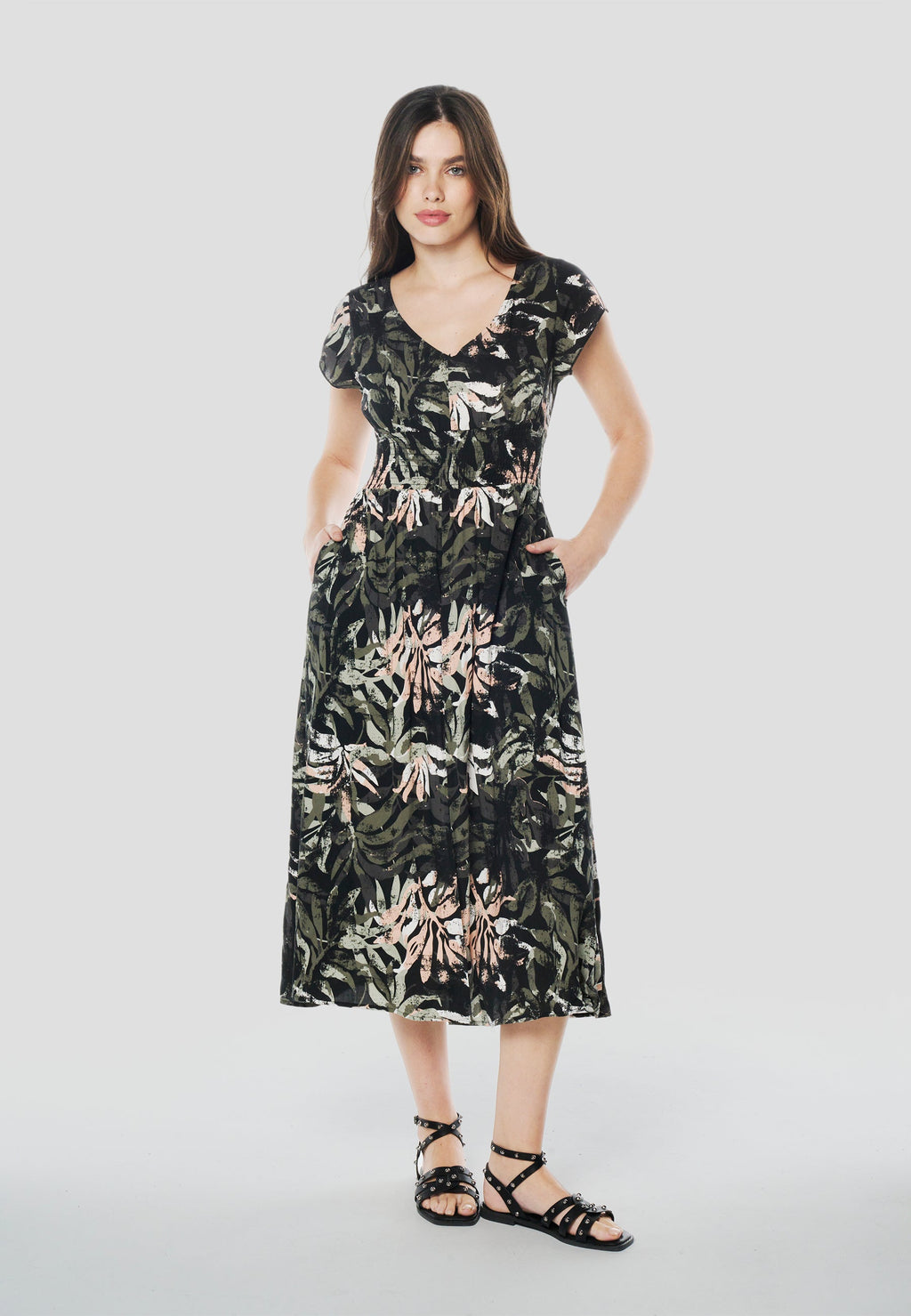 Vestido Midi Viscosa Mujer Estampado Floral Escote V – Koröshi