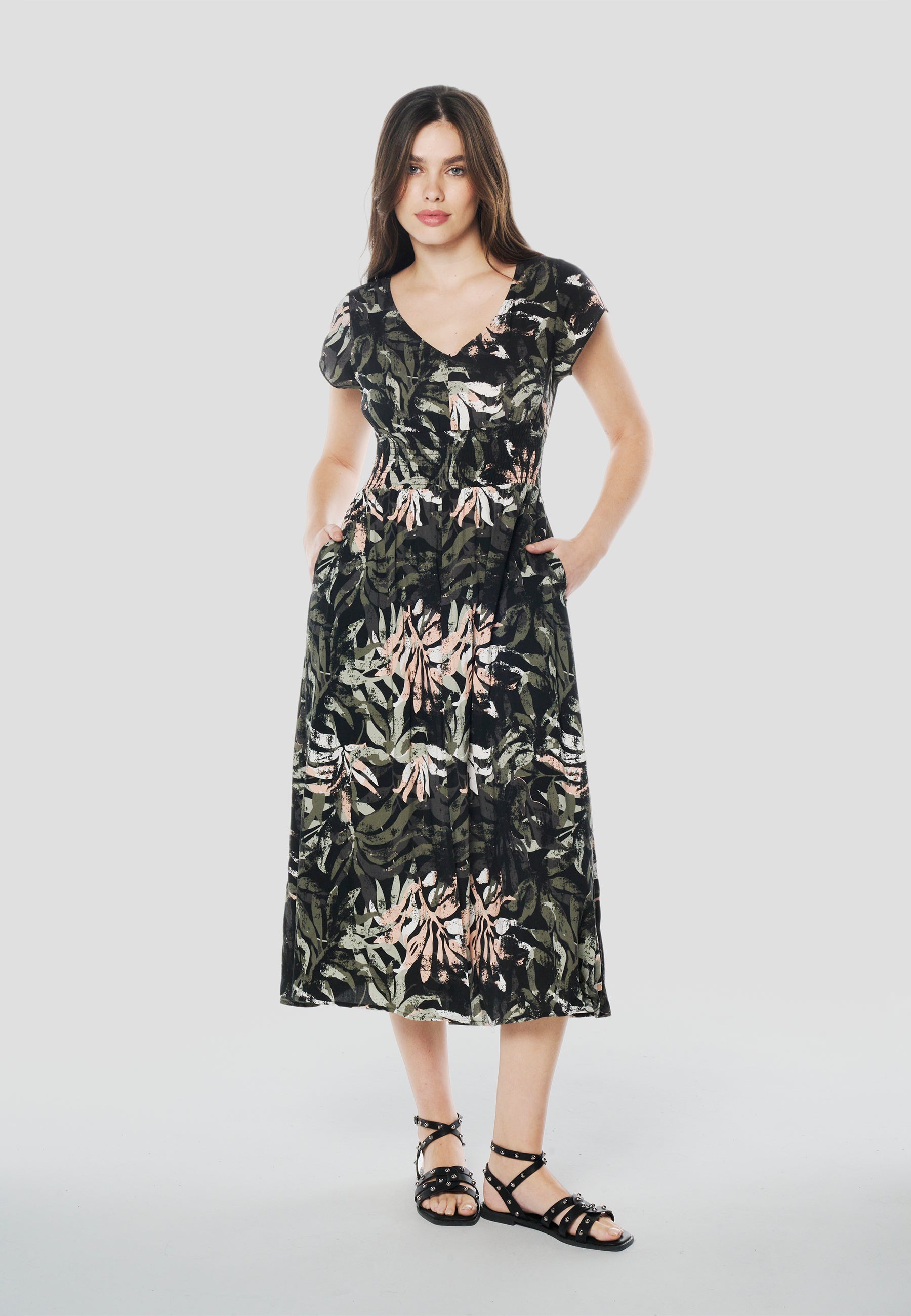 Vestido Midi Viscosa Mujer Estampado Floral Escote V – Koröshi