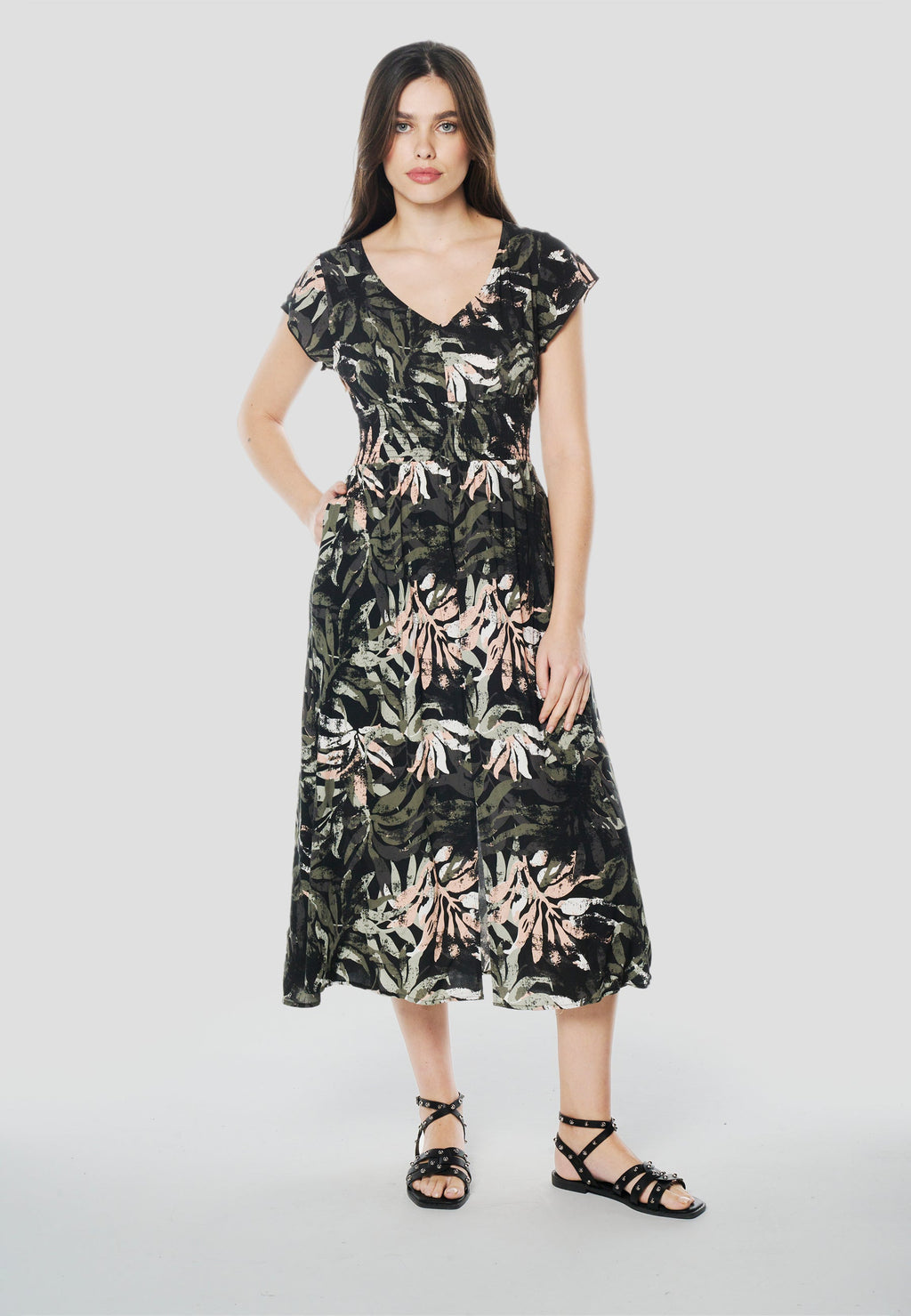 Vestido Midi Viscosa Mujer Estampado Floral Escote V – Koröshi