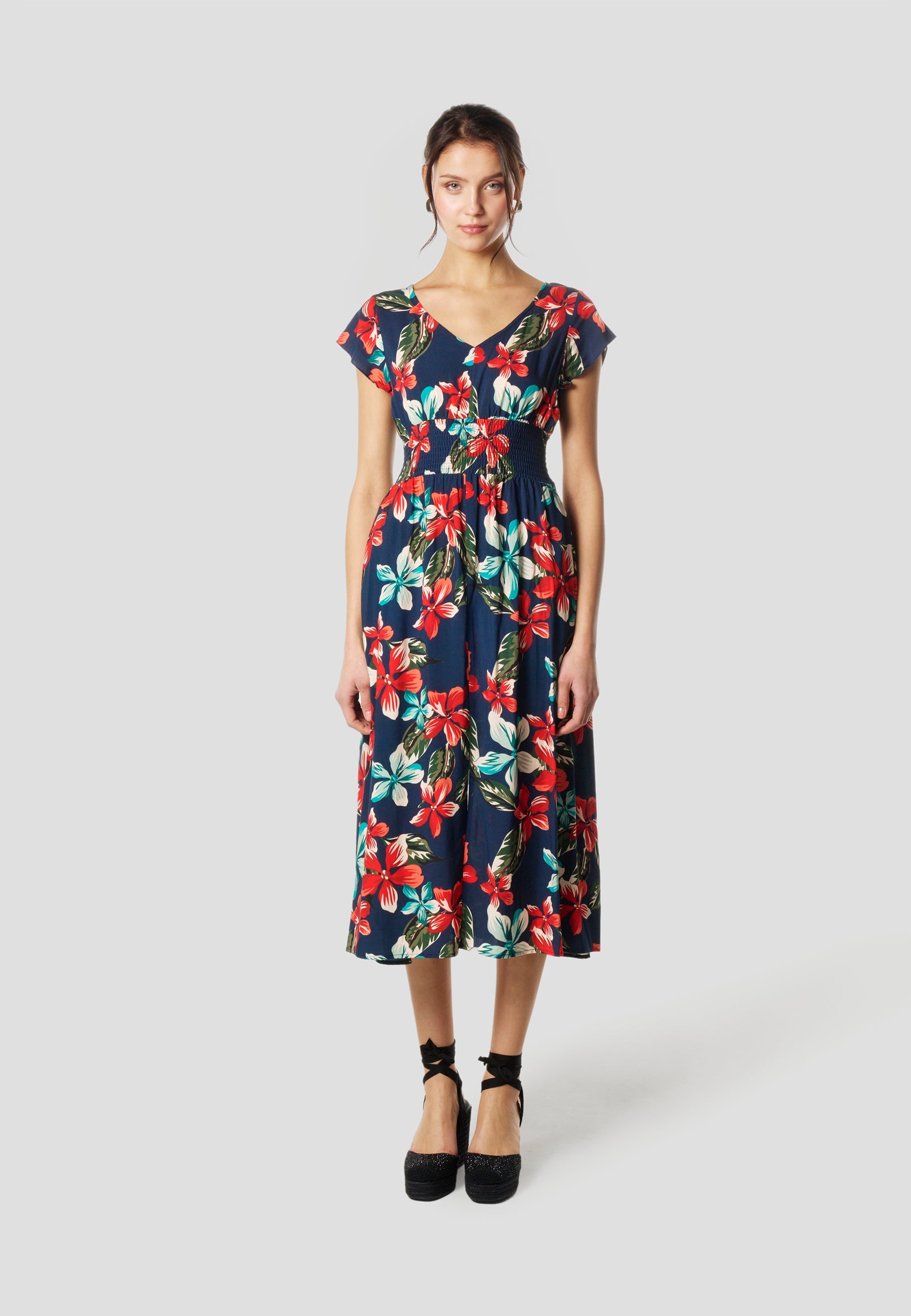 Vestido Midi Viscosa Mujer Estampado Floral Escote V – Koröshi