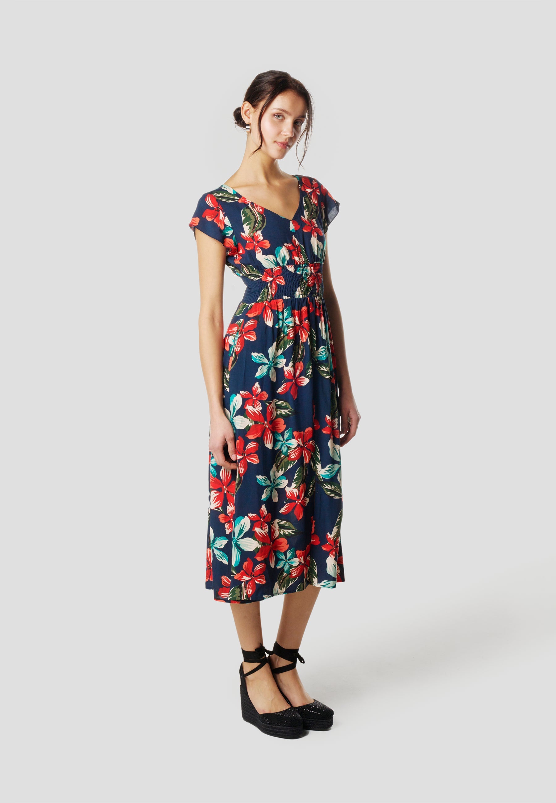 Vestido Midi Viscosa Mujer Estampado Floral Escote V – Koröshi