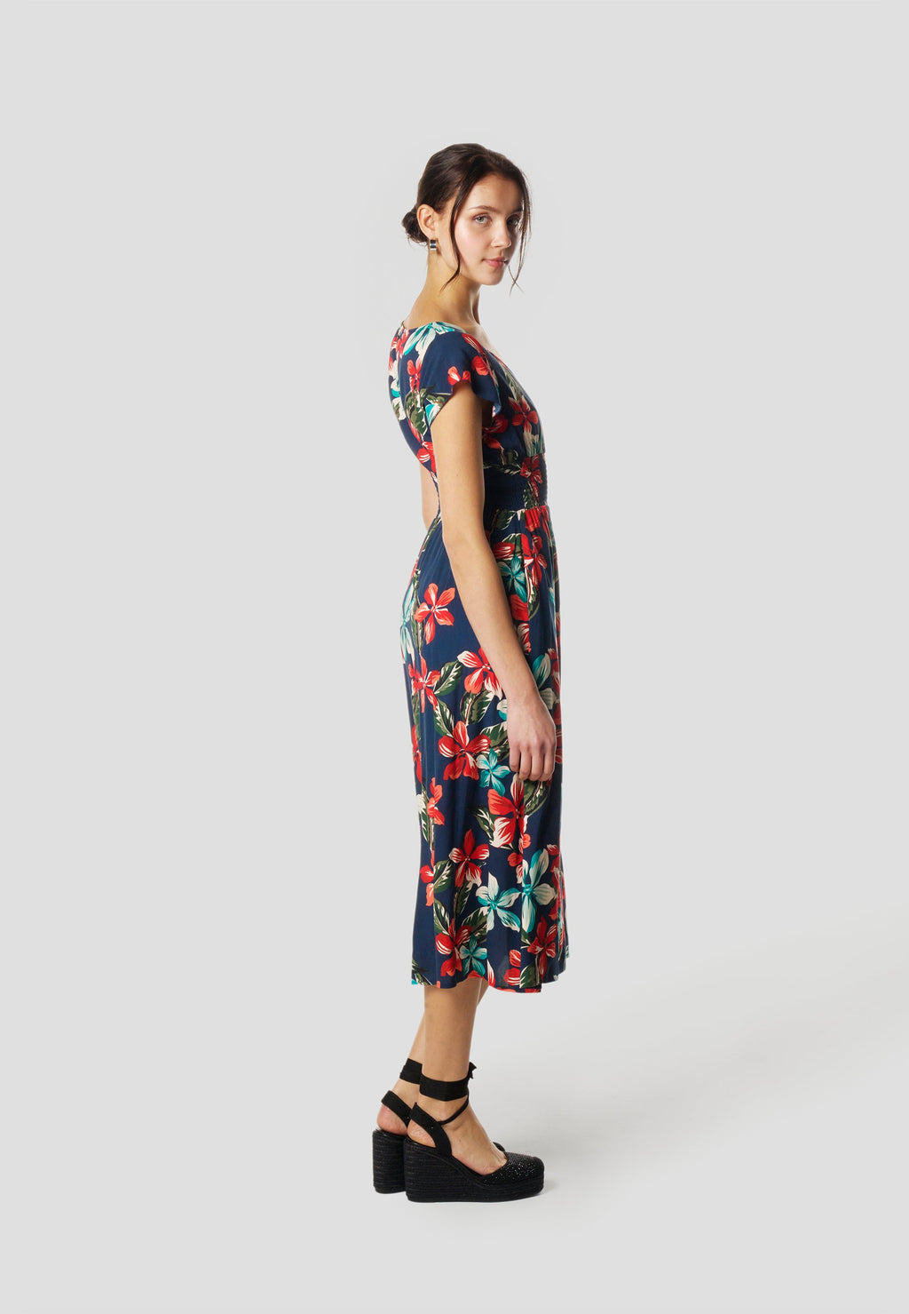 Vestido Midi Viscosa Mujer Estampado Floral Escote V – Koröshi