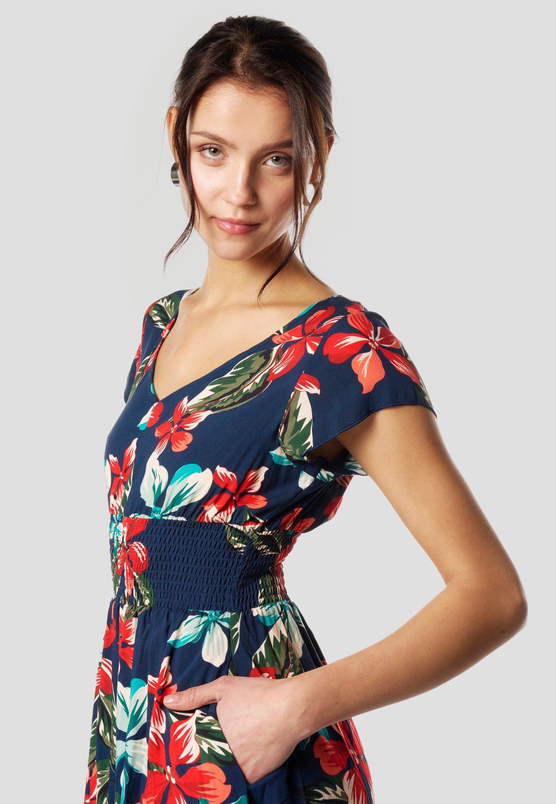 Vestido Midi Viscosa Mujer Estampado Floral Escote V – Koröshi