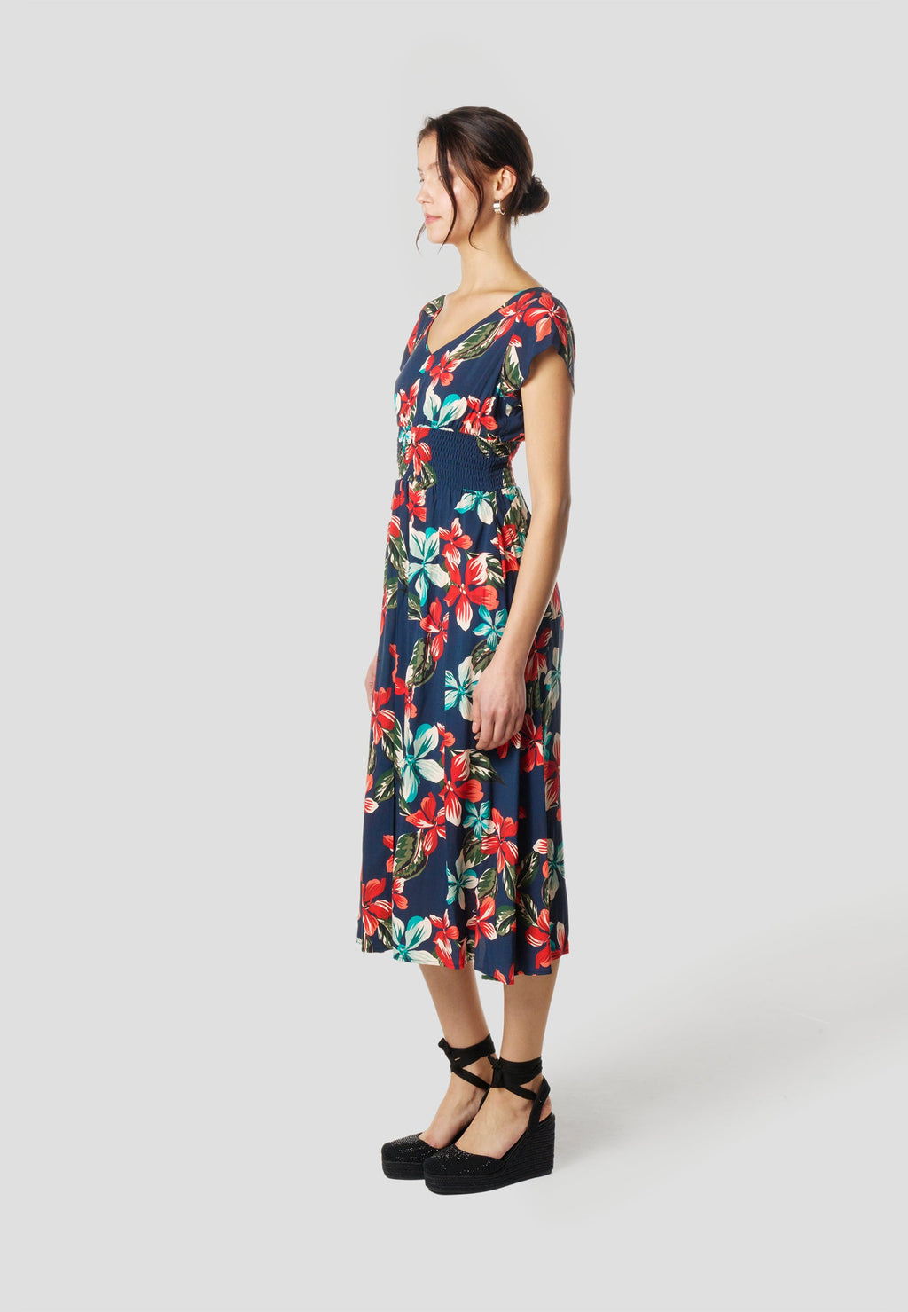 Vestido Midi Viscosa Mujer Estampado Floral Escote V – Koröshi