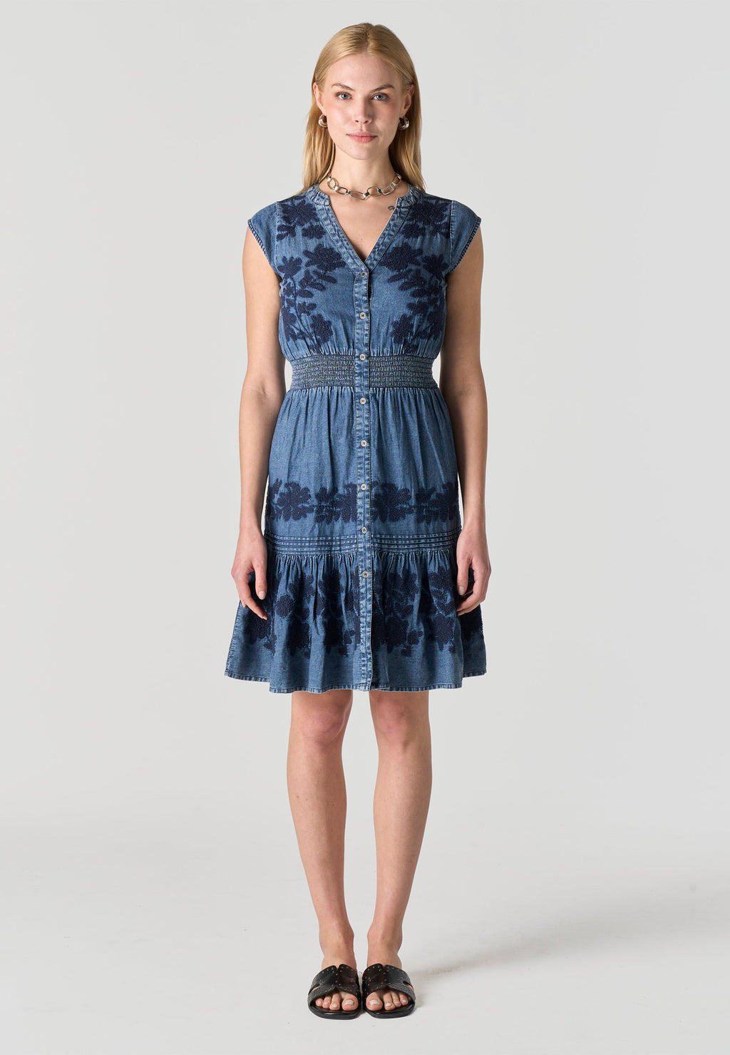 Vestido Mujer Denim Estampado Floral Manga Corta – Koroshi Azul