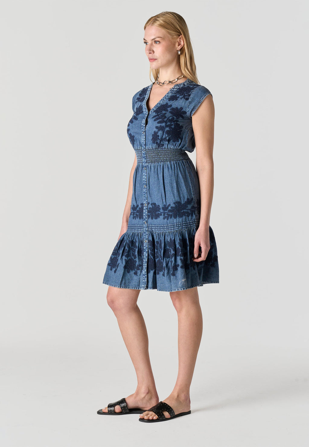 Vestido Mujer Denim Estampado Floral Manga Corta – Koroshi Azul
