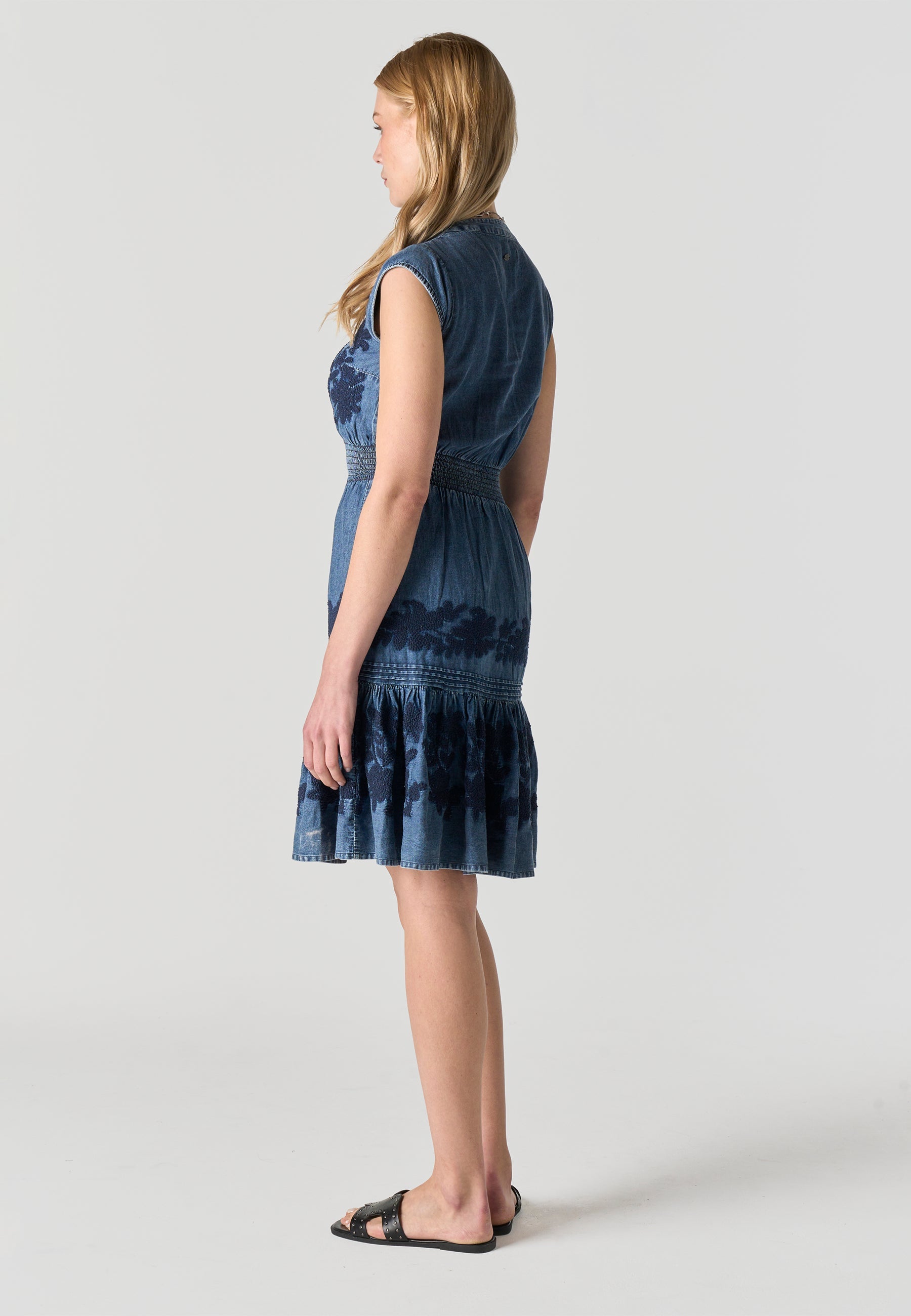 Vestido Mujer Denim Estampado Floral Manga Corta – Koroshi Azul