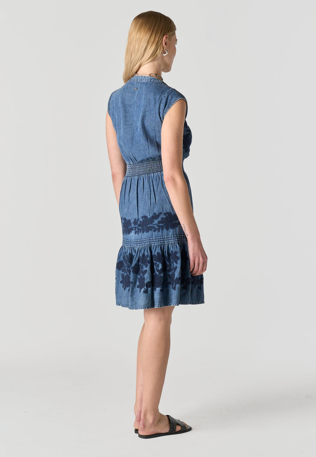 Vestido Mujer Denim Estampado Floral Manga Corta – Koroshi Azul