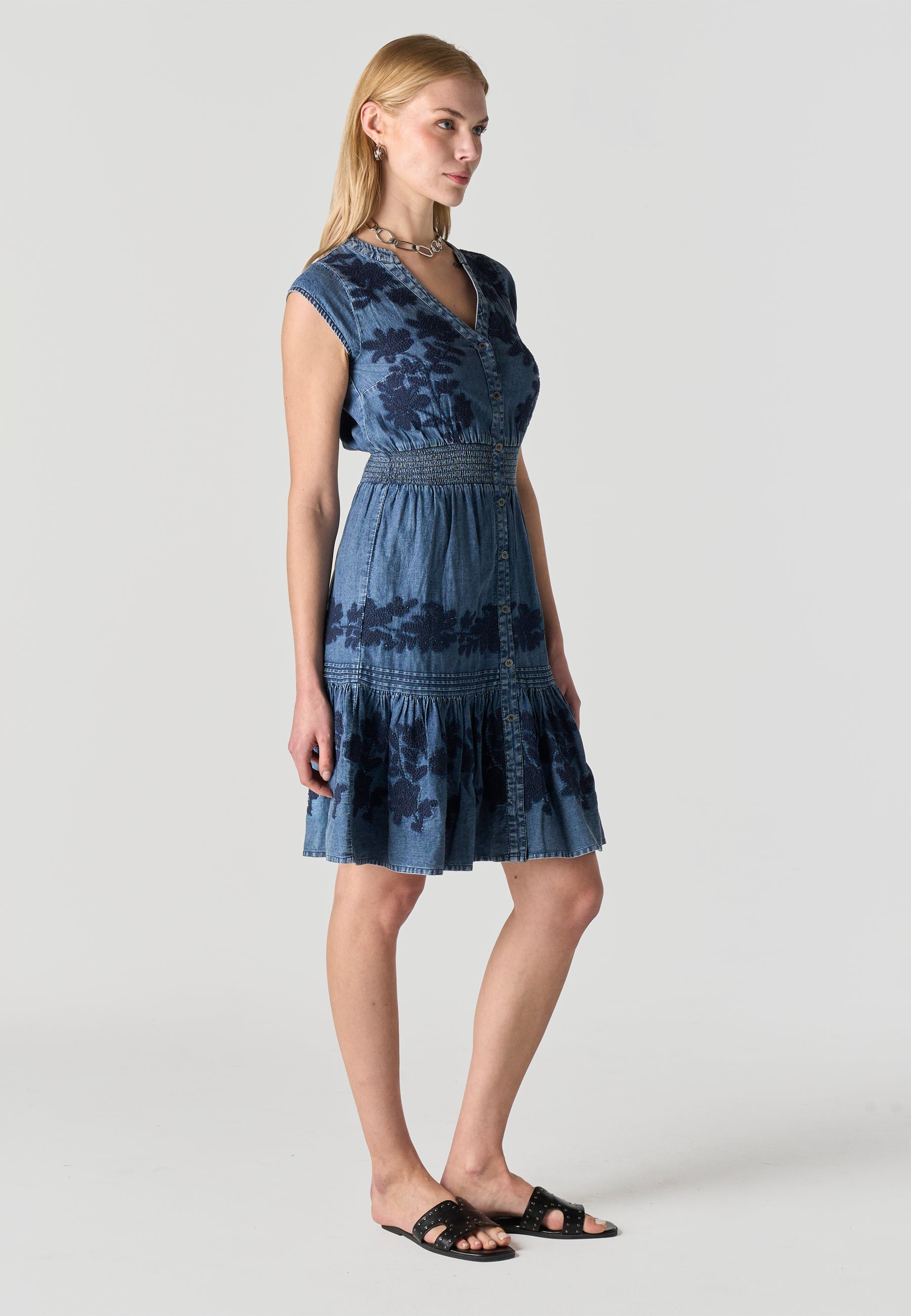 Vestido Mujer Denim Estampado Floral Manga Corta – Koroshi Azul