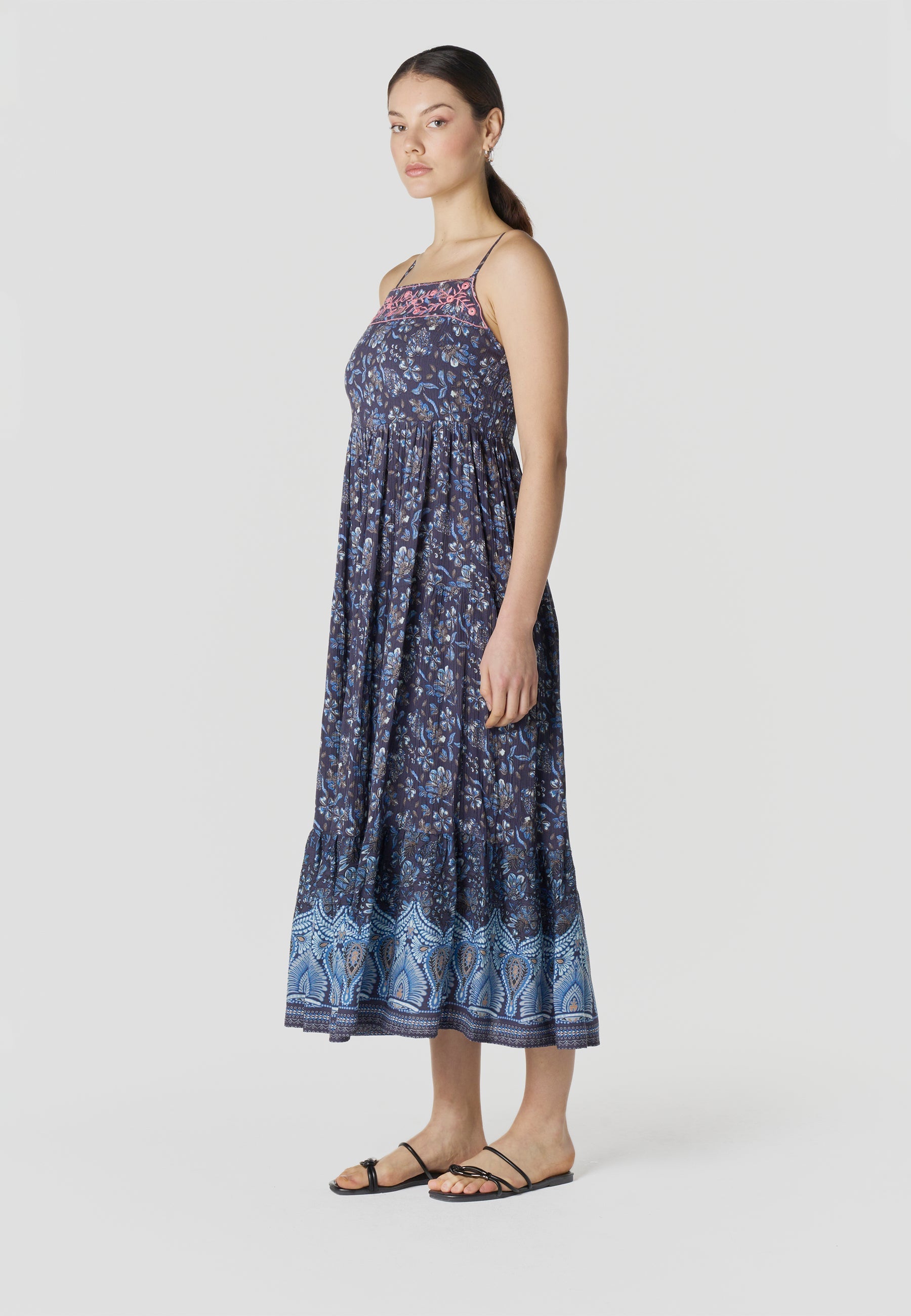 Vestido Mujer Largo Tirantes Estampado Floral – Koroshi Marino