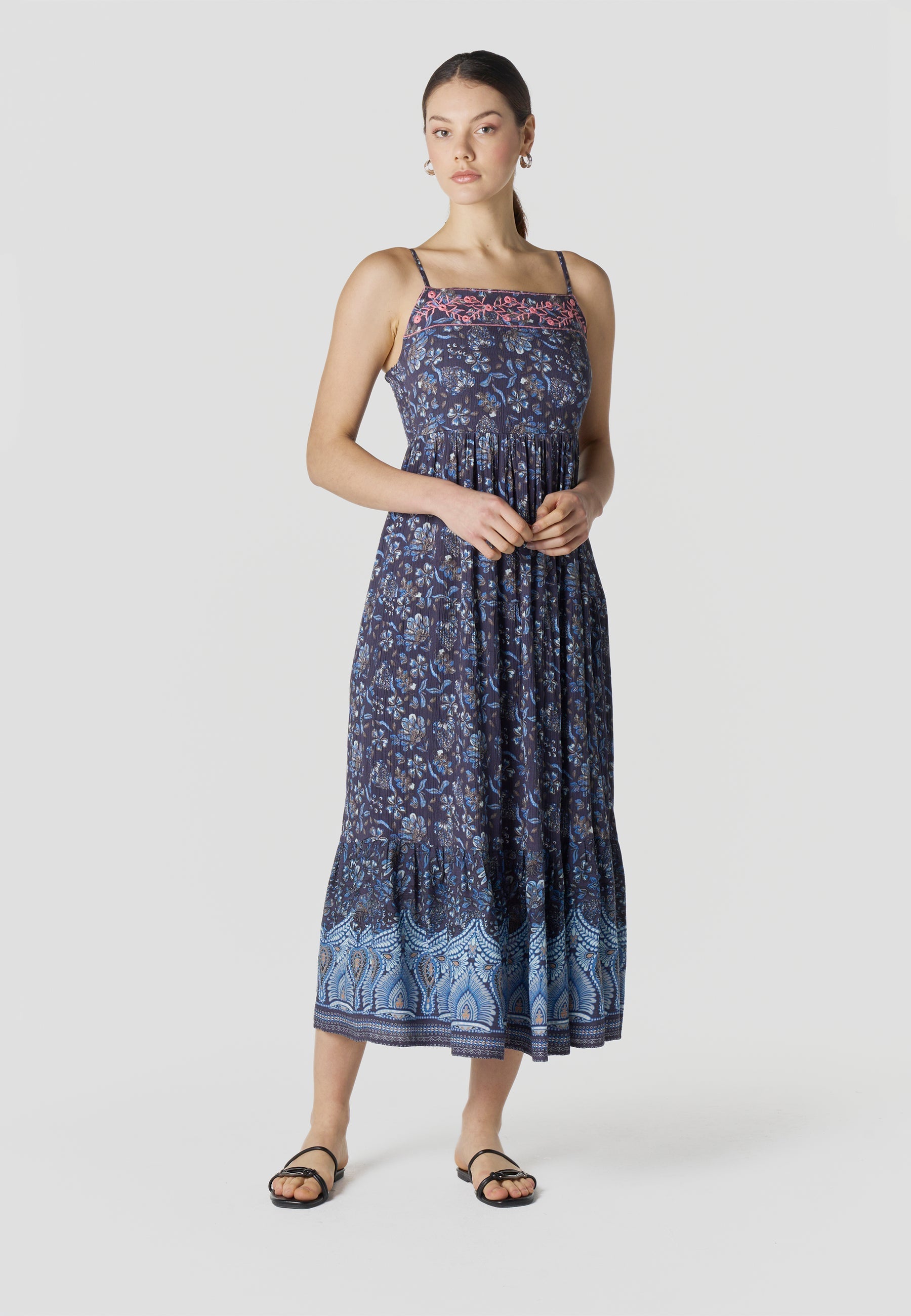 Vestido Mujer Largo Tirantes Estampado Floral – Koroshi Marino