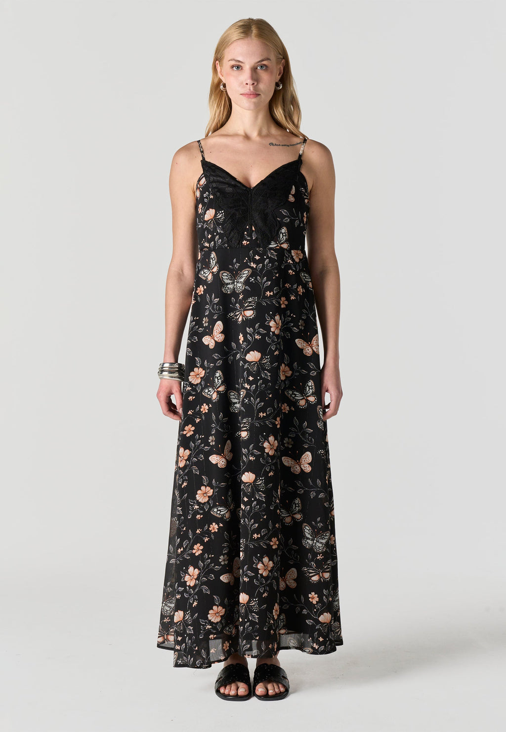 Vestido Mujer Largo Tirantes Estampado Mariposas – Koroshi Negro