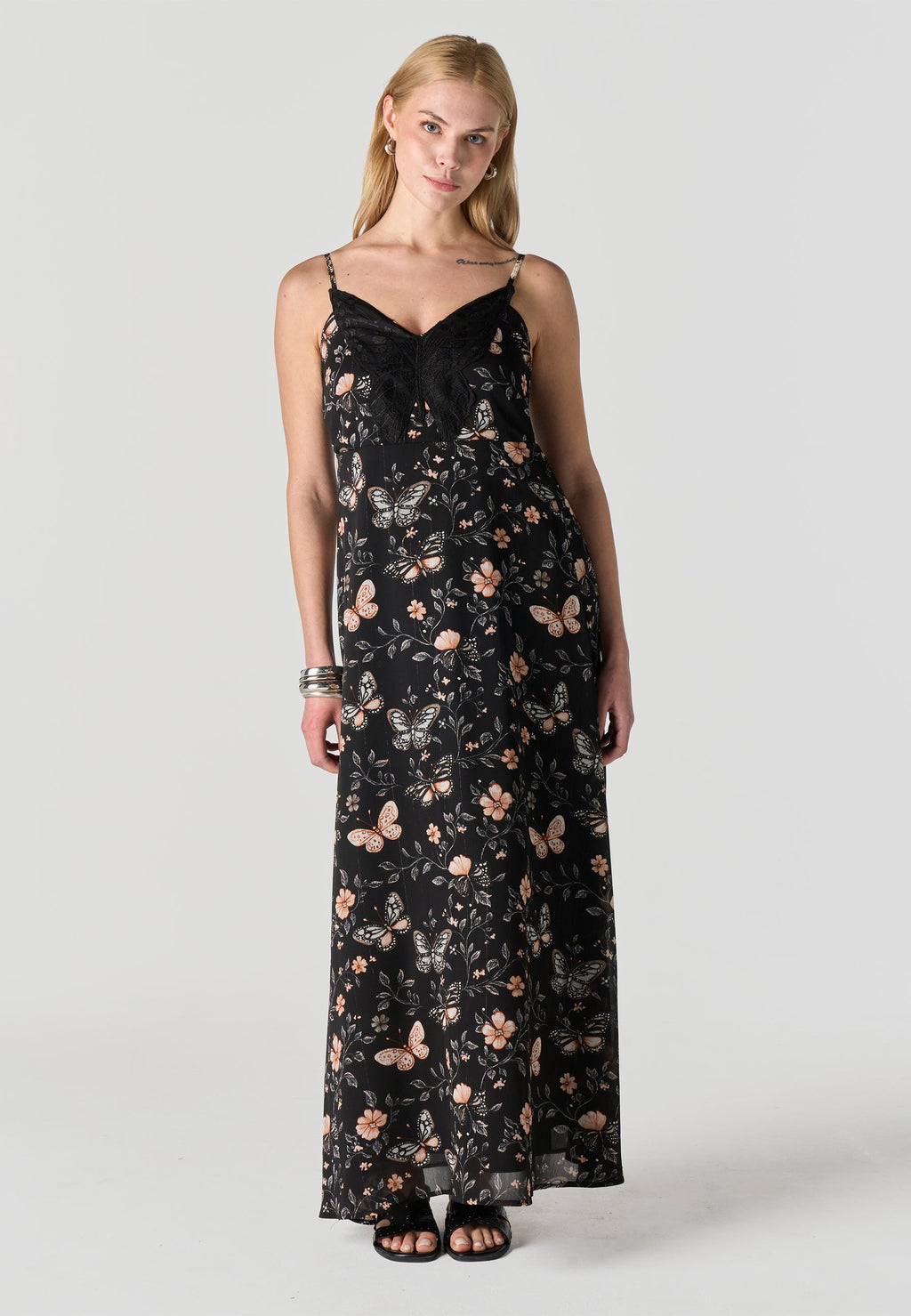 Vestido Mujer Largo Tirantes Estampado Mariposas – Koroshi Negro