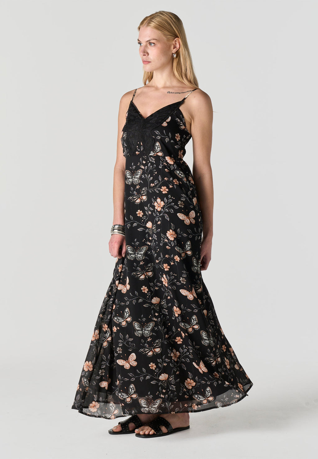 Vestido Mujer Largo Tirantes Estampado Mariposas – Koroshi Negro