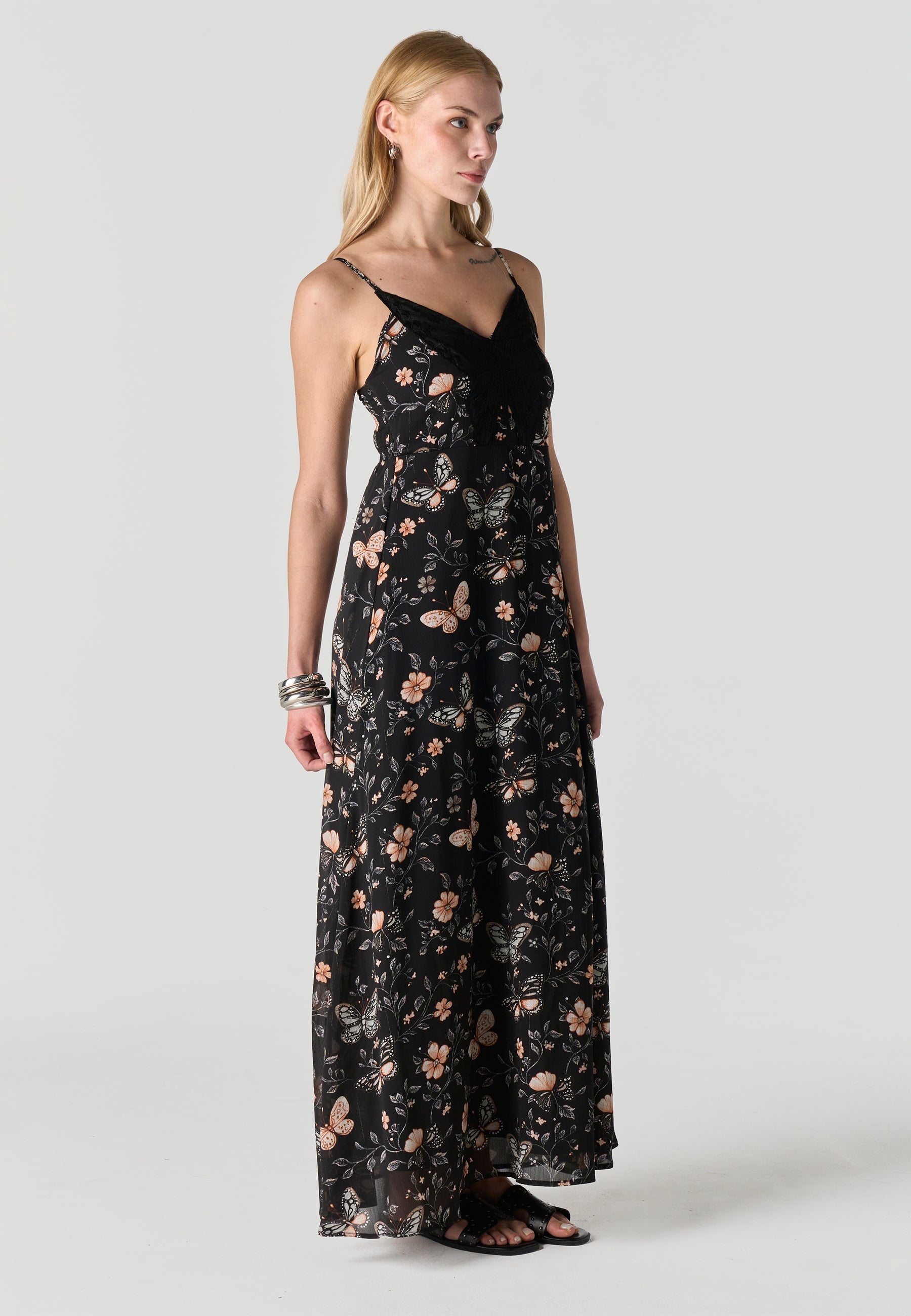 Vestido Mujer Largo Tirantes Estampado Mariposas – Koroshi Negro