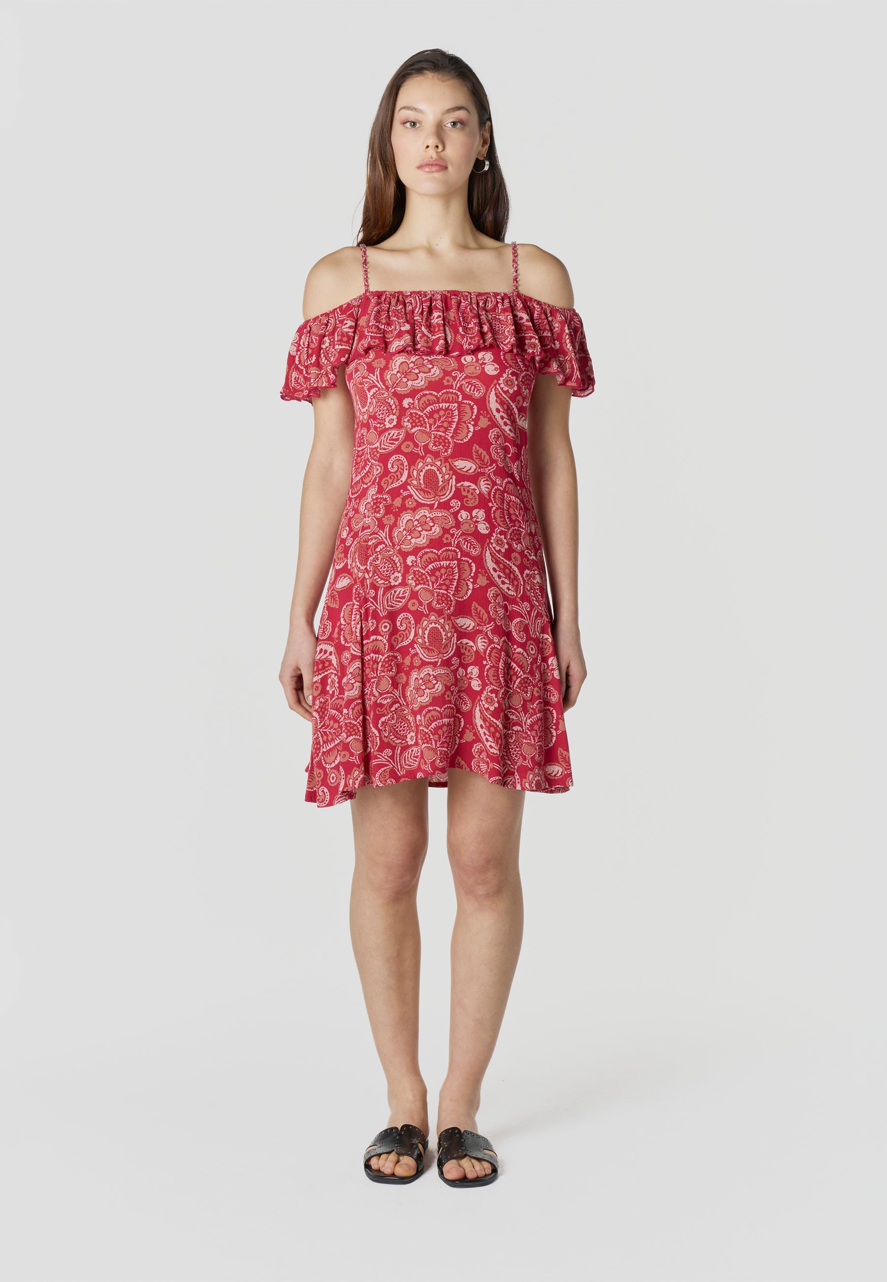 Vestido Mujer Corto Estampado Hombros Descubiertos – Koroshi Rojo
