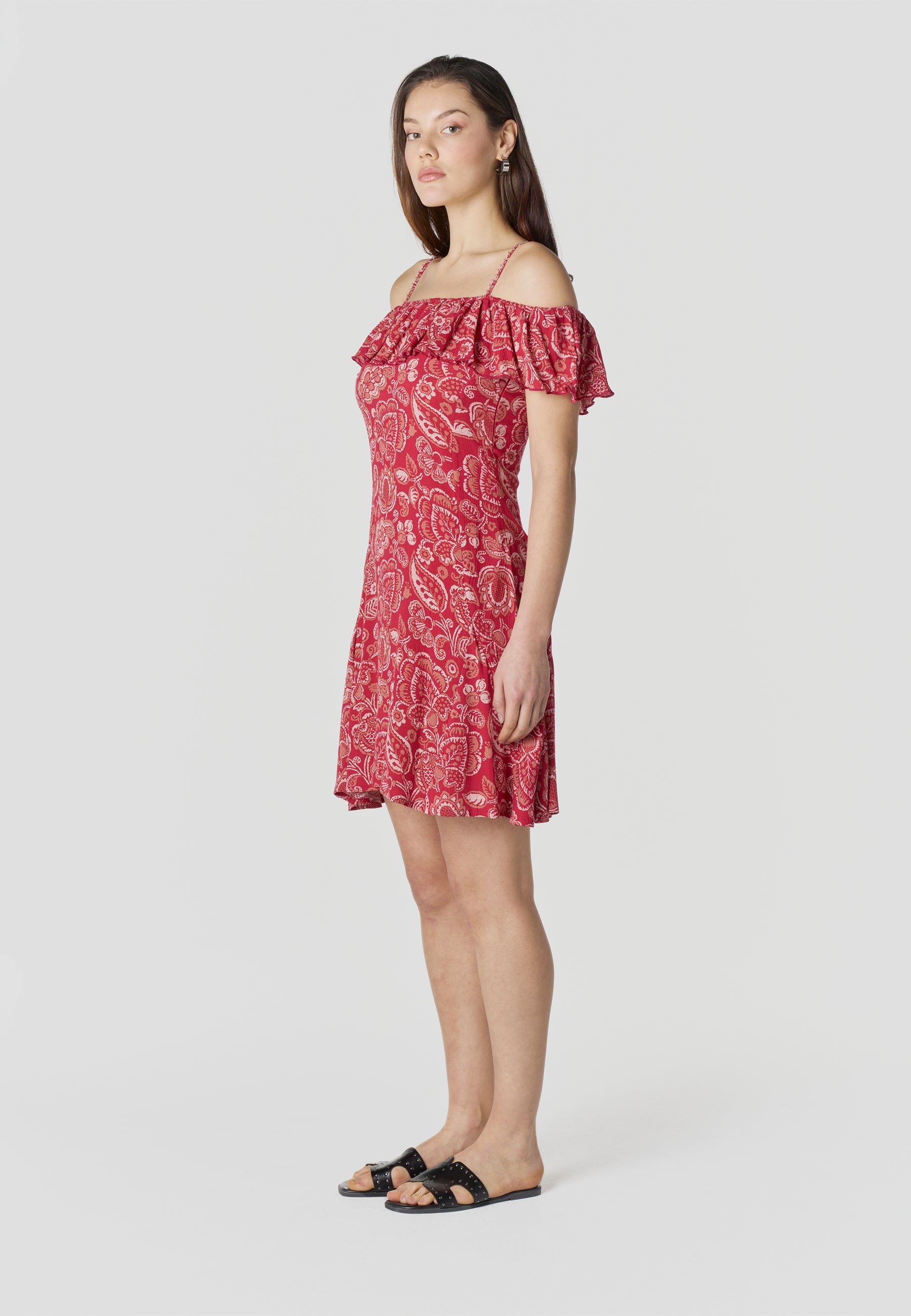 Vestido Mujer Corto Estampado Hombros Descubiertos – Koroshi Rojo