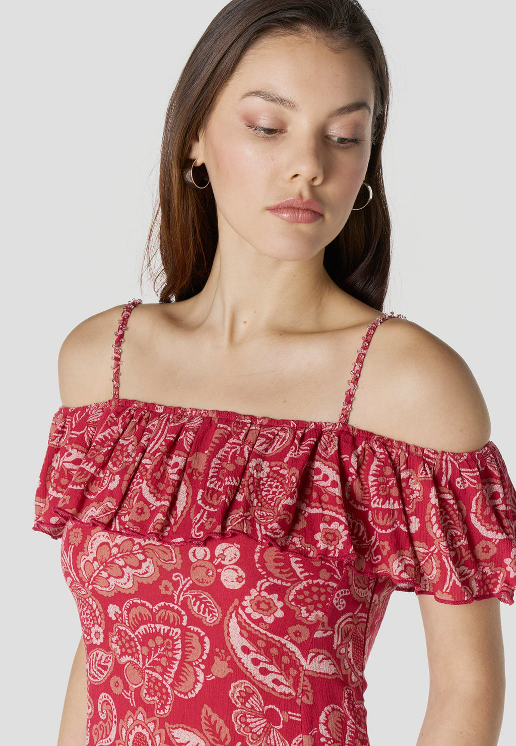 Vestido Mujer Corto Estampado Hombros Descubiertos – Koroshi Rojo