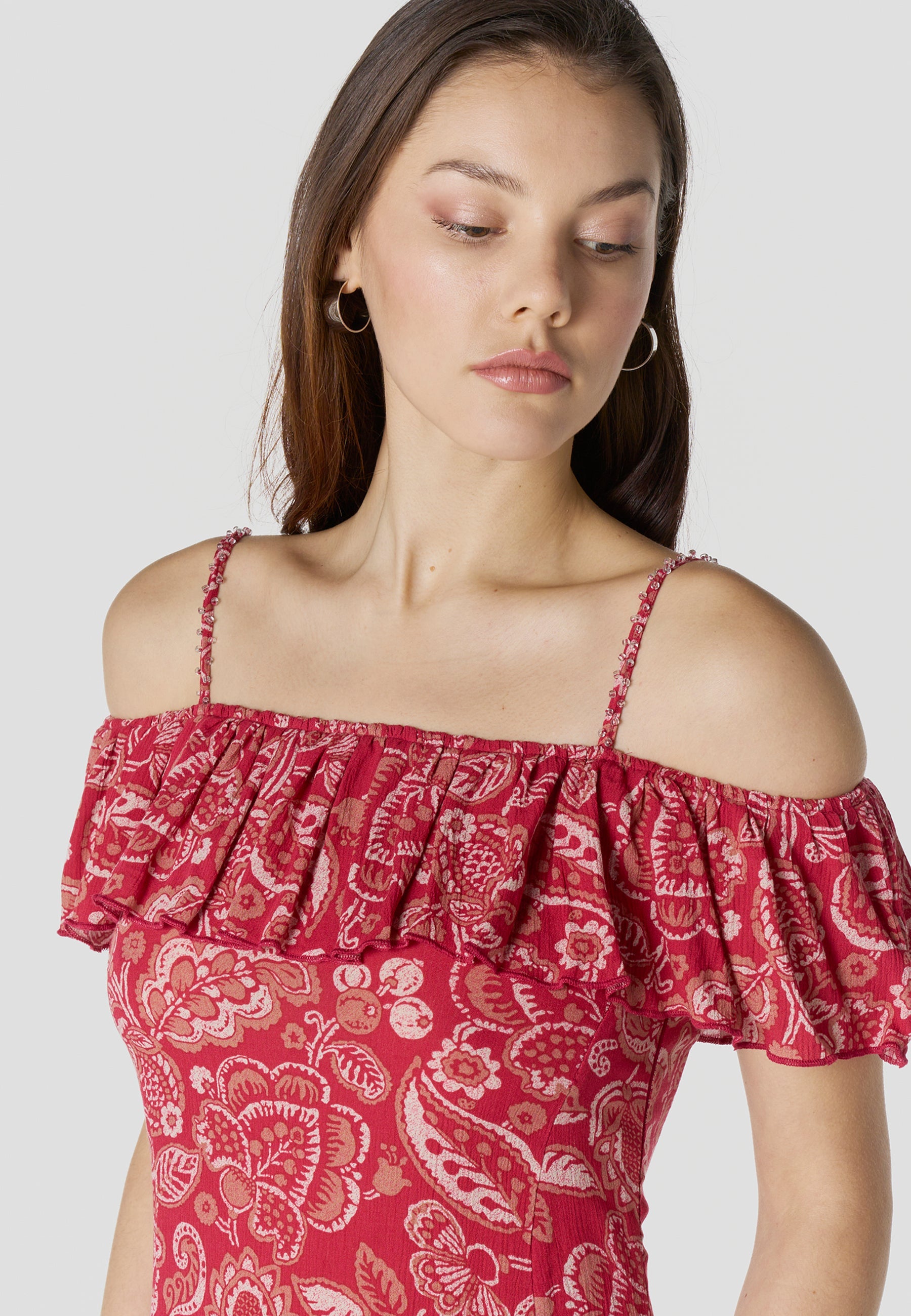Vestido Mujer Corto Estampado Hombros Descubiertos – Koroshi Rojo