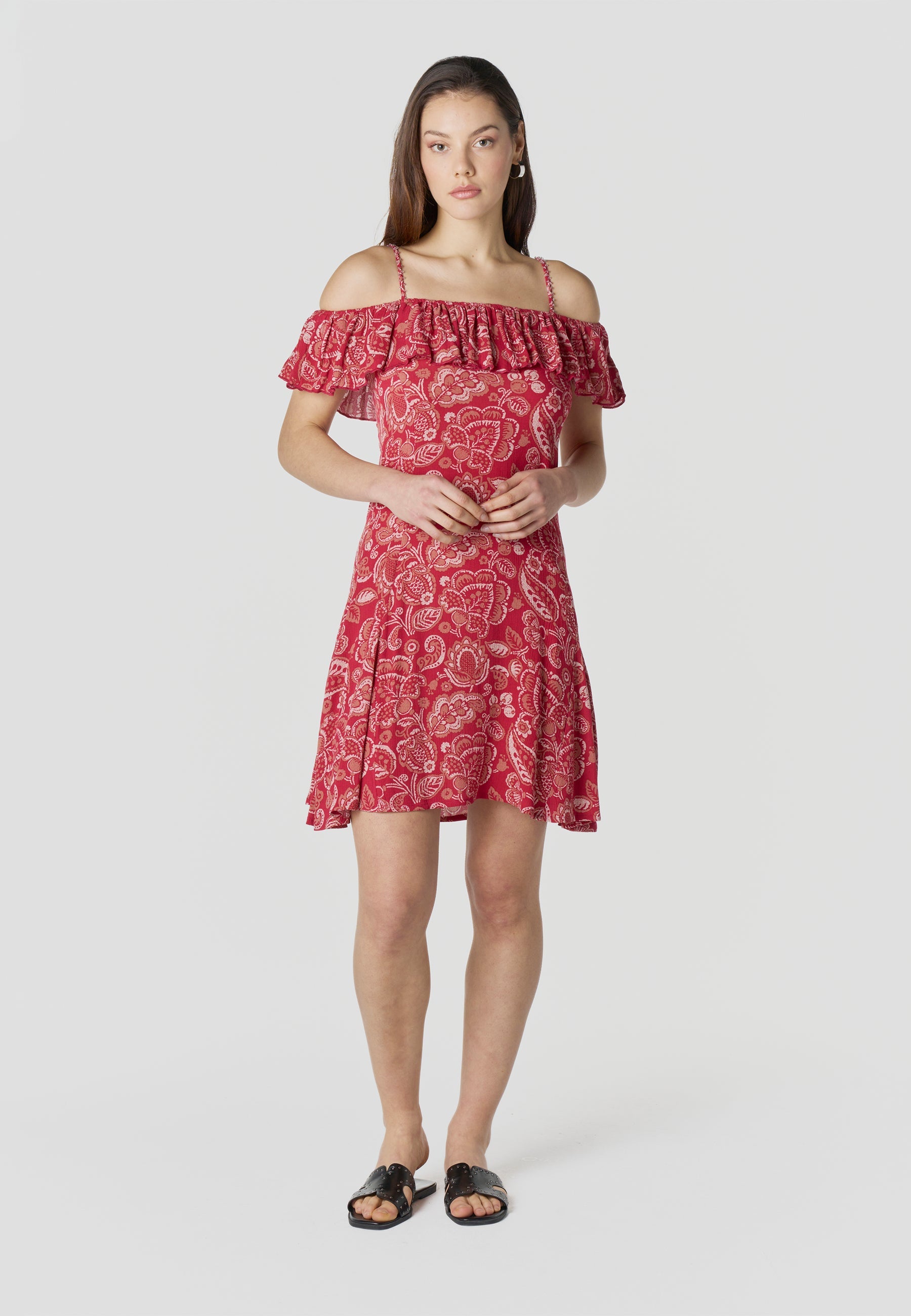Vestido Mujer Corto Estampado Hombros Descubiertos – Koroshi Rojo