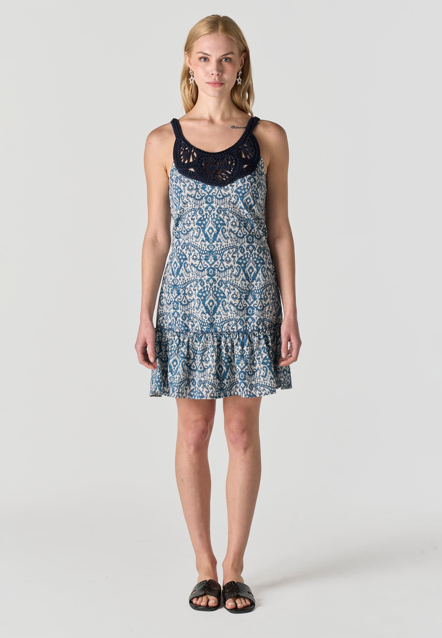 Vestido Corto Bohemio Mujer Estampado Geométrico Ganchillo – Koröshi