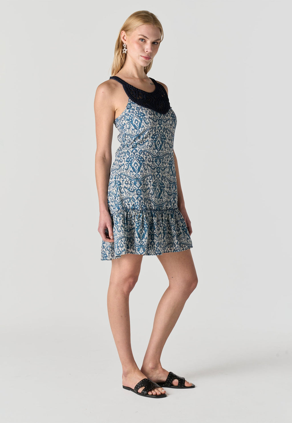 Vestido Corto Bohemio Mujer Estampado Geométrico Ganchillo – Koröshi