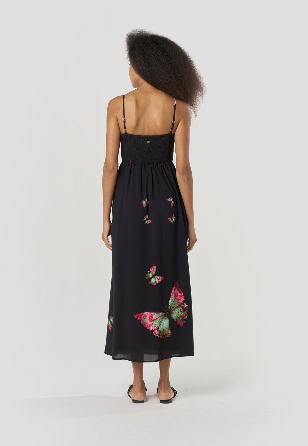 Vestido Mujer Largo Fluido Tirantes Estampado Mariposas – Koroshi Negro