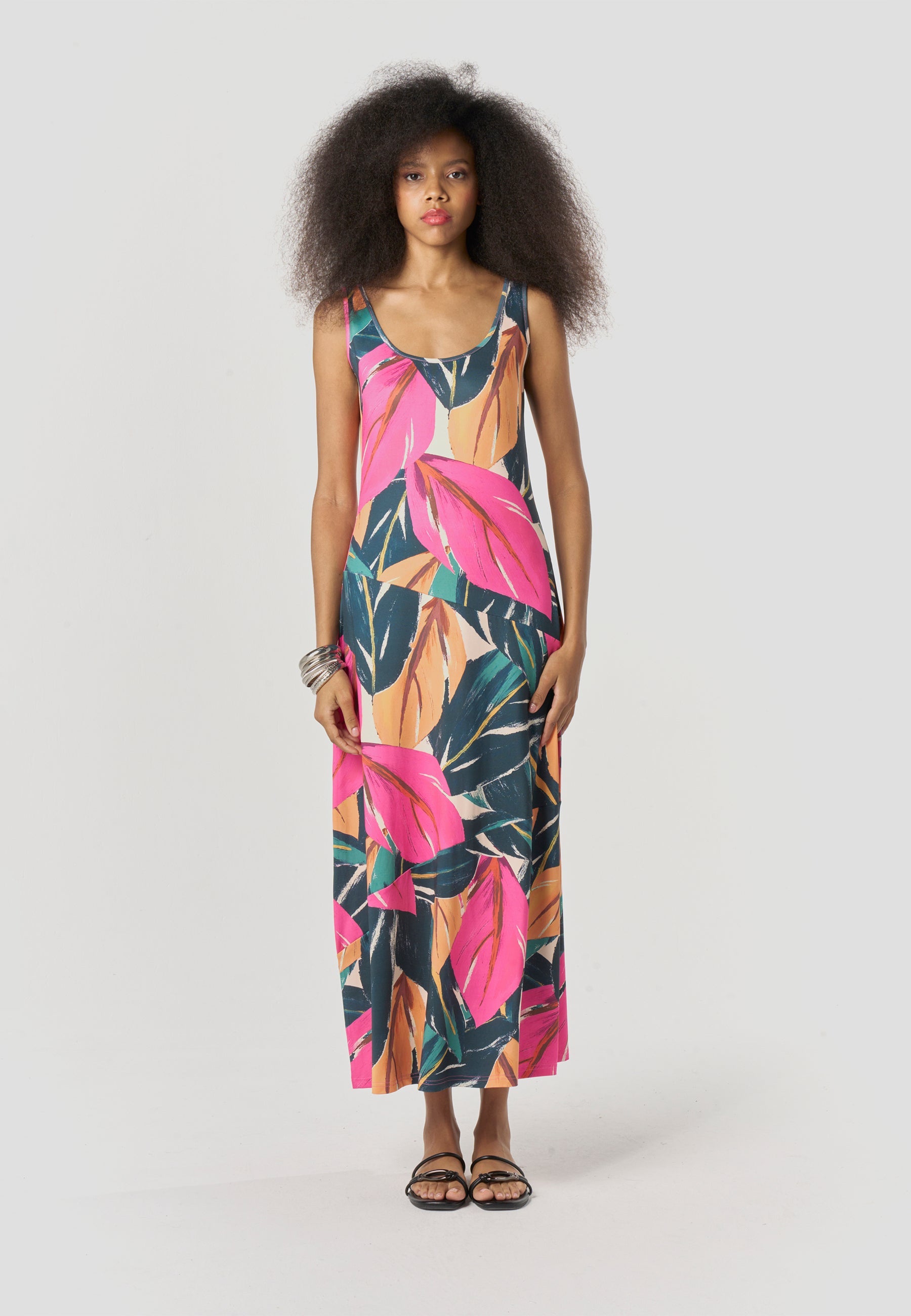 Vestido Mujer Largo Tirantes Estampado Tropical – Koroshi Multicolor