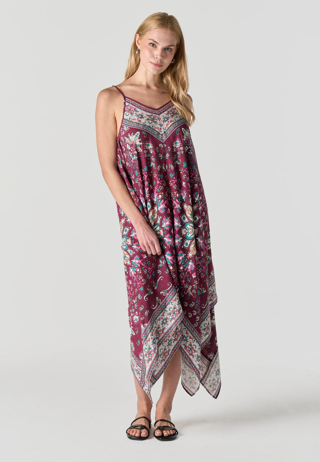 Vestido Mujer Largo Tirantes Estampado Pañuelo Asimétrico – Koroshi Granate