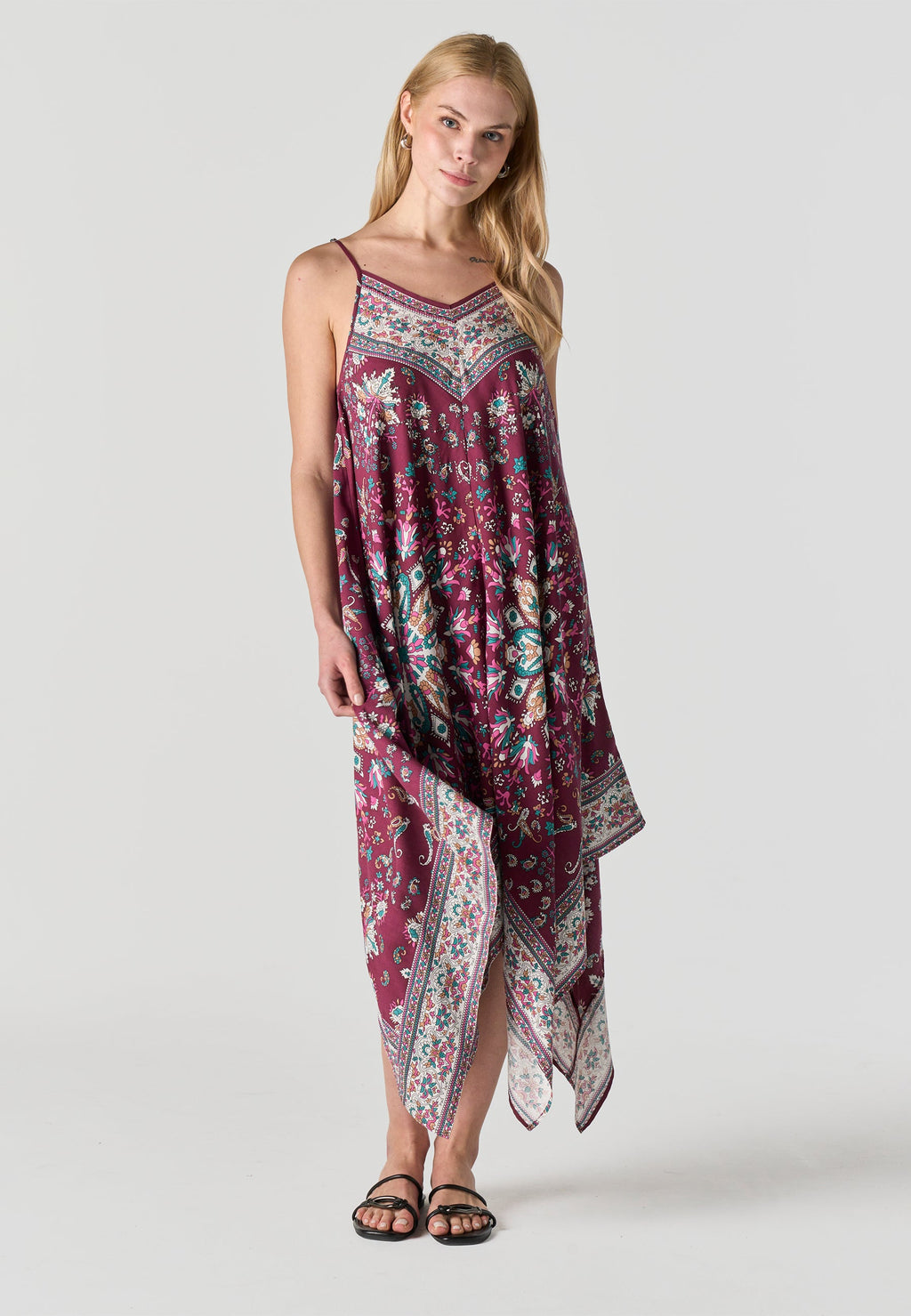 Vestido Mujer Largo Tirantes Estampado Pañuelo Asimétrico – Koroshi Granate