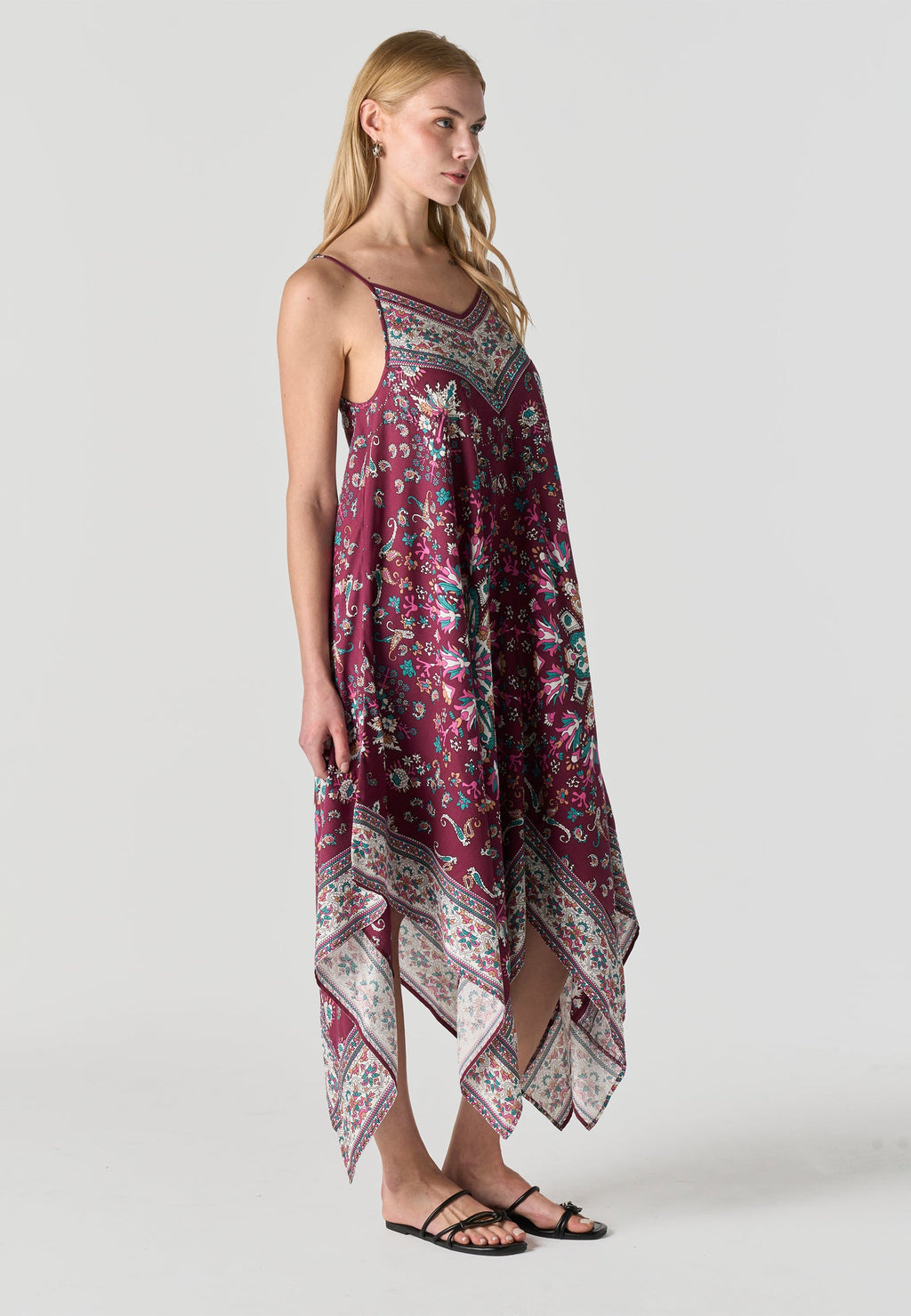 Vestido Mujer Largo Tirantes Estampado Pañuelo Asimétrico – Koroshi Granate