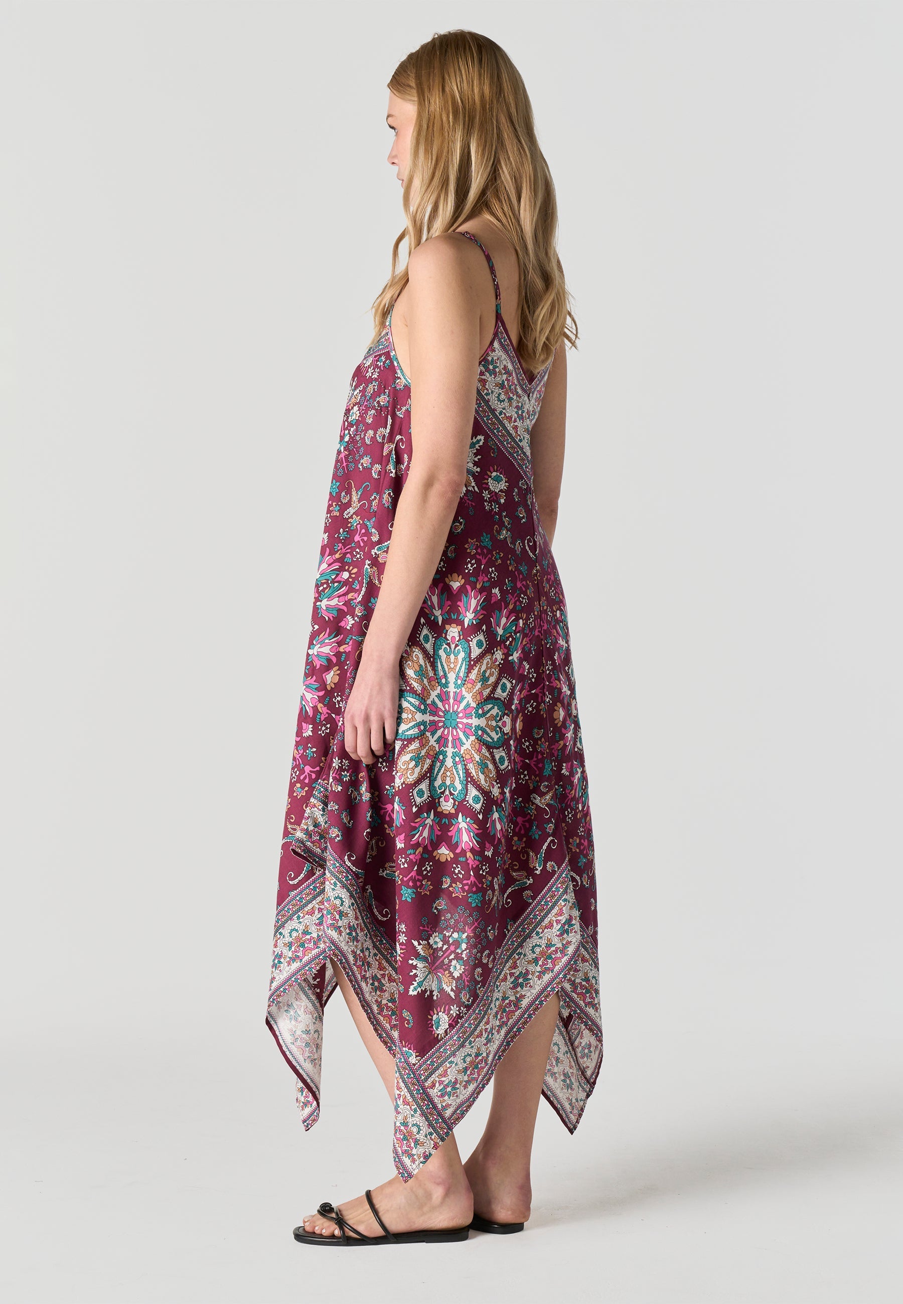 Vestido Mujer Largo Tirantes Estampado Pañuelo Asimétrico – Koroshi Granate