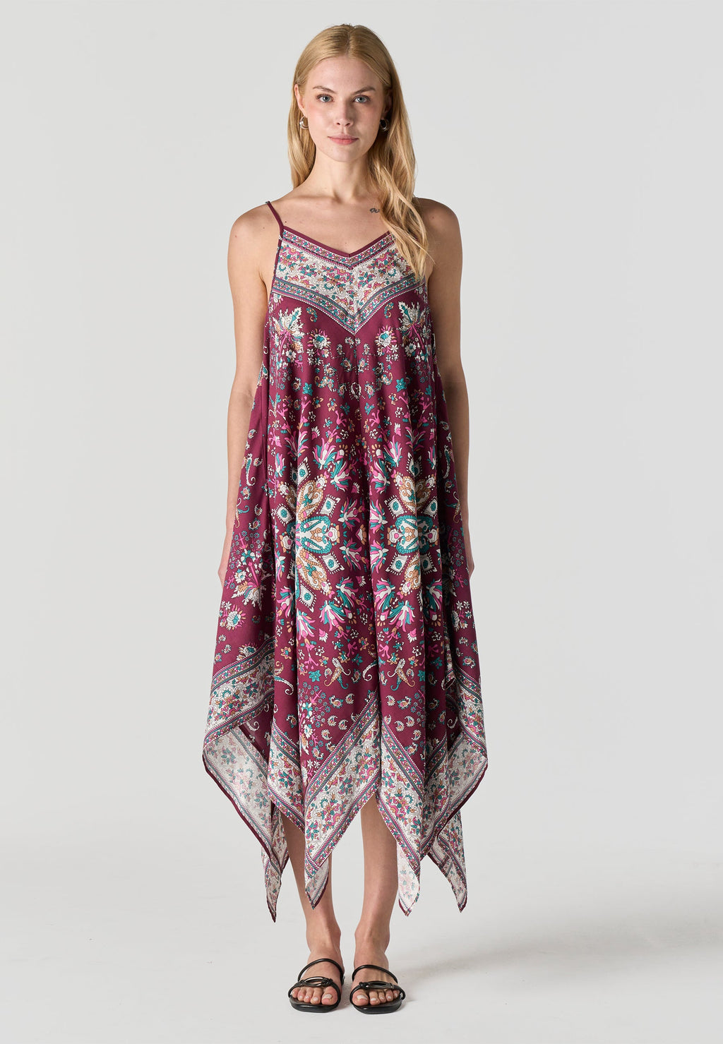 Vestido Mujer Largo Tirantes Estampado Pañuelo Asimétrico – Koroshi Granate