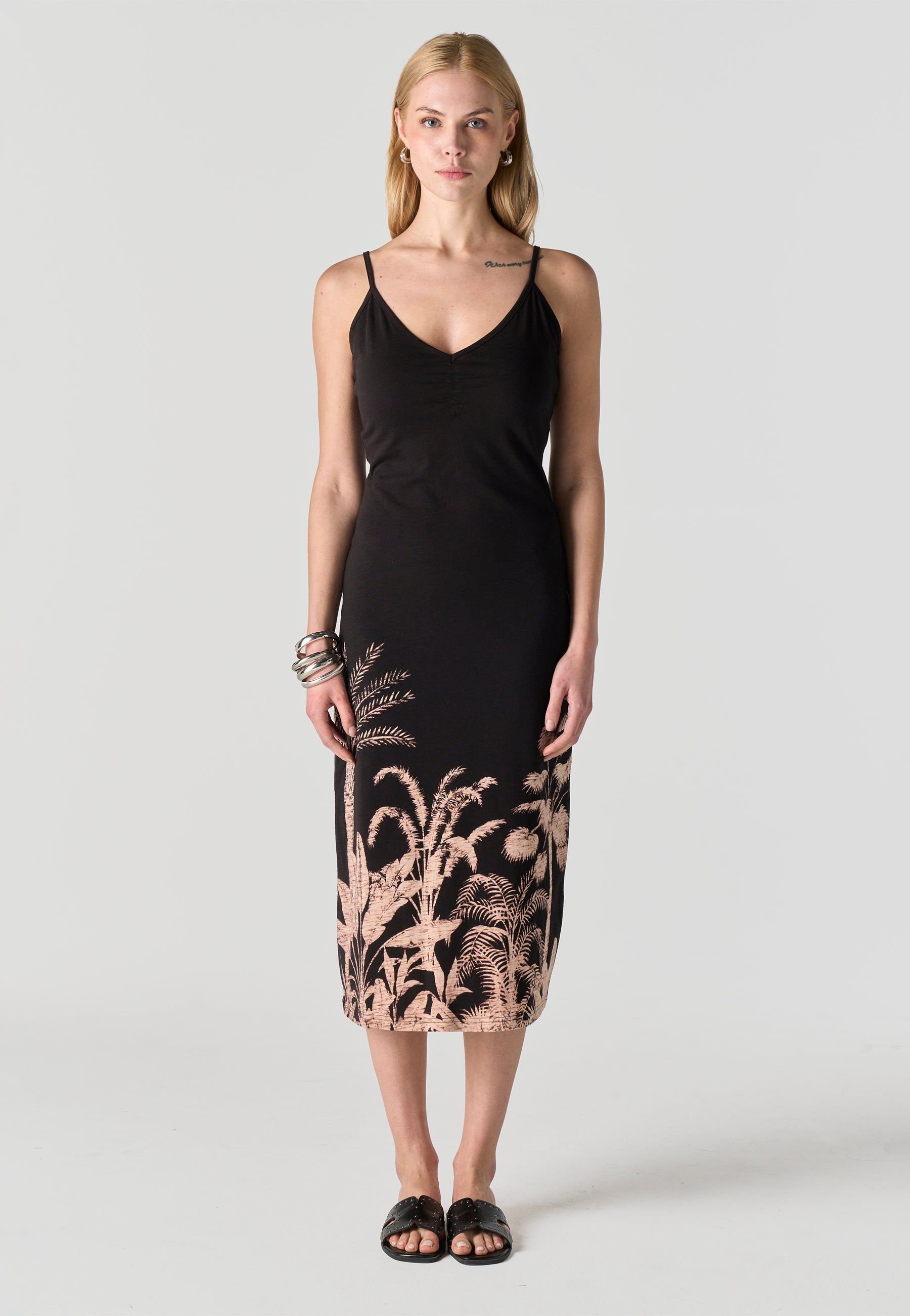 Vestido Mujer Midi Tirantes Estampado Palmeras – Koroshi Negro