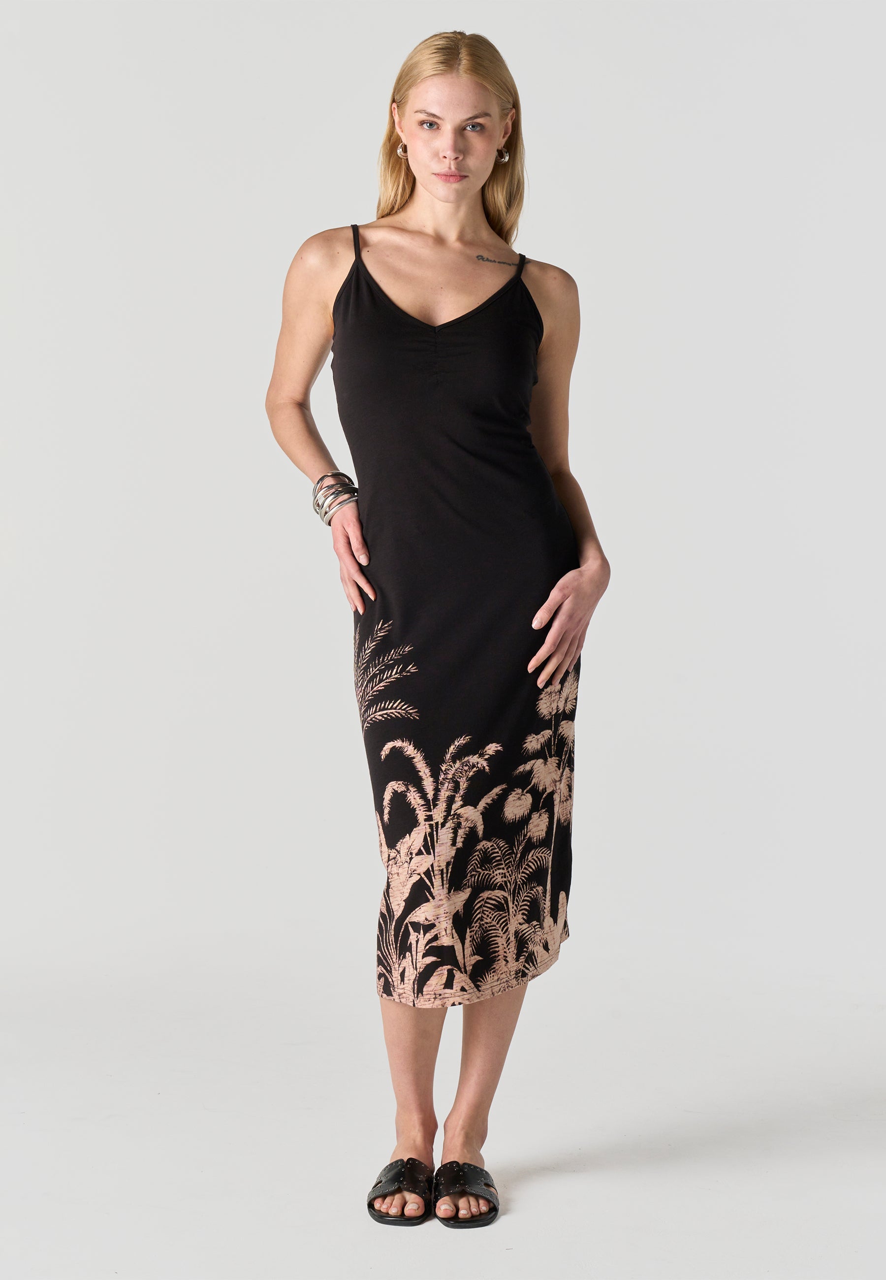 Vestido Mujer Midi Tirantes Estampado Palmeras – Koroshi Negro