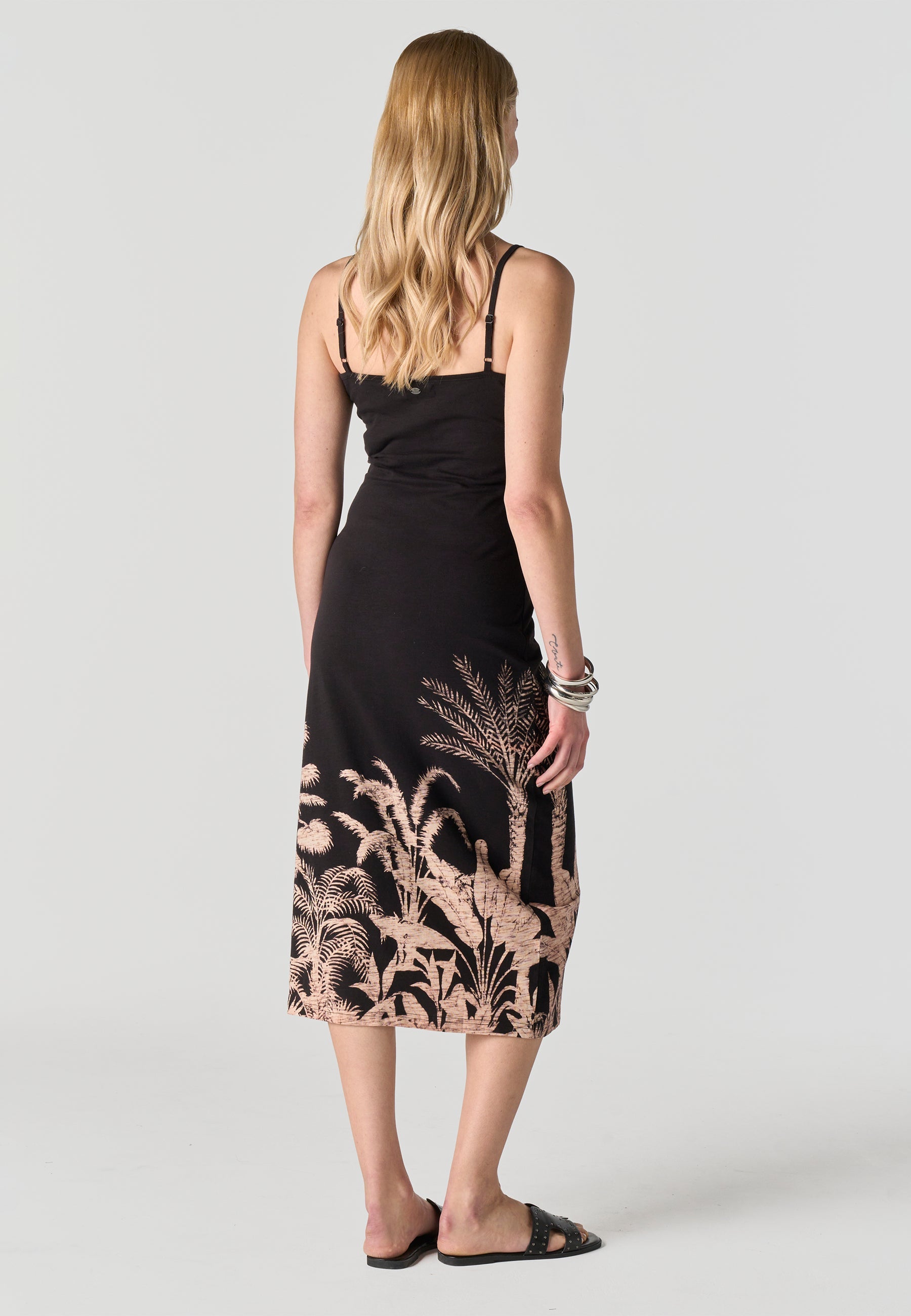 Vestido Mujer Midi Tirantes Estampado Palmeras – Koroshi Negro