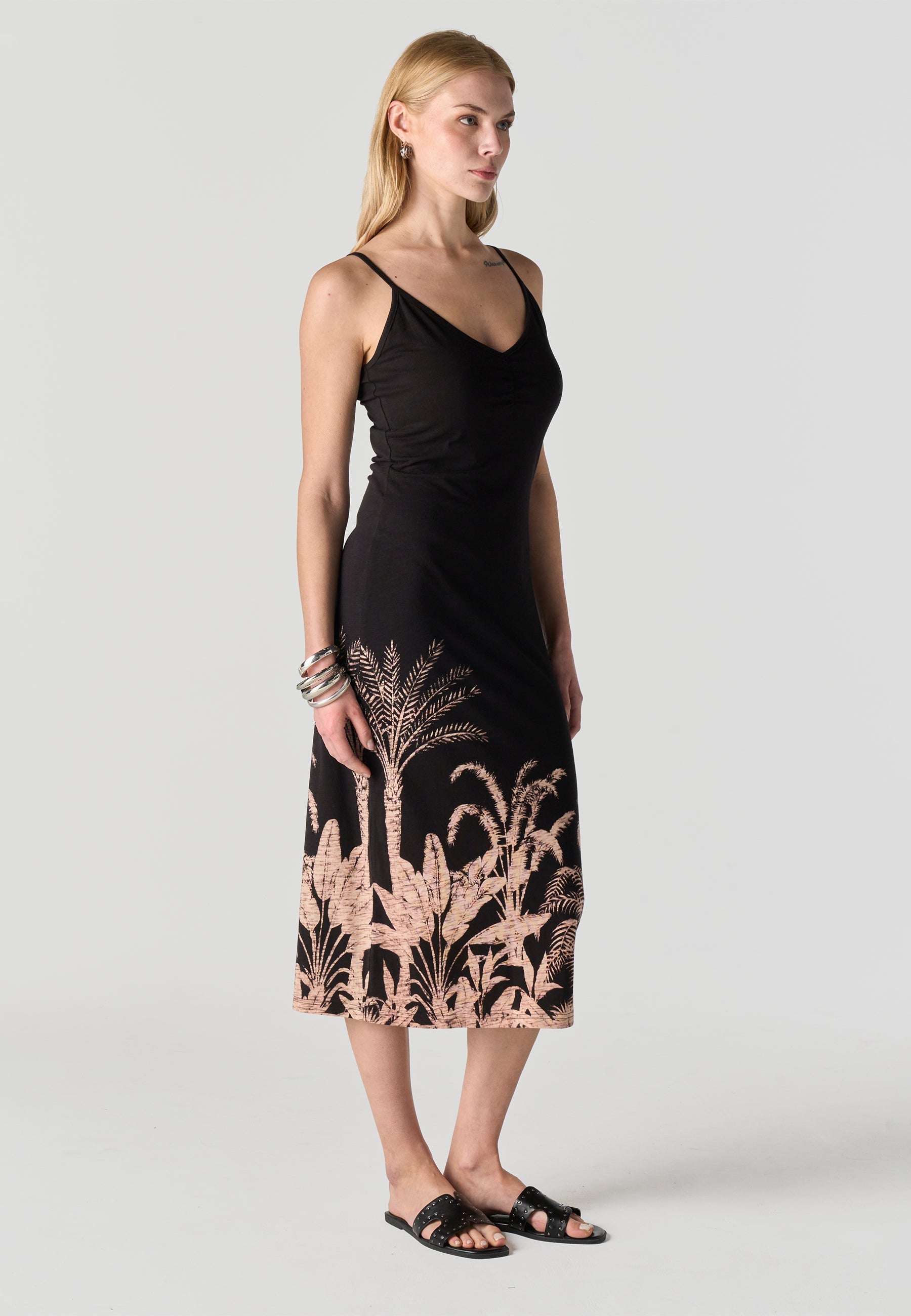 Vestido Mujer Midi Tirantes Estampado Palmeras – Koroshi Negro