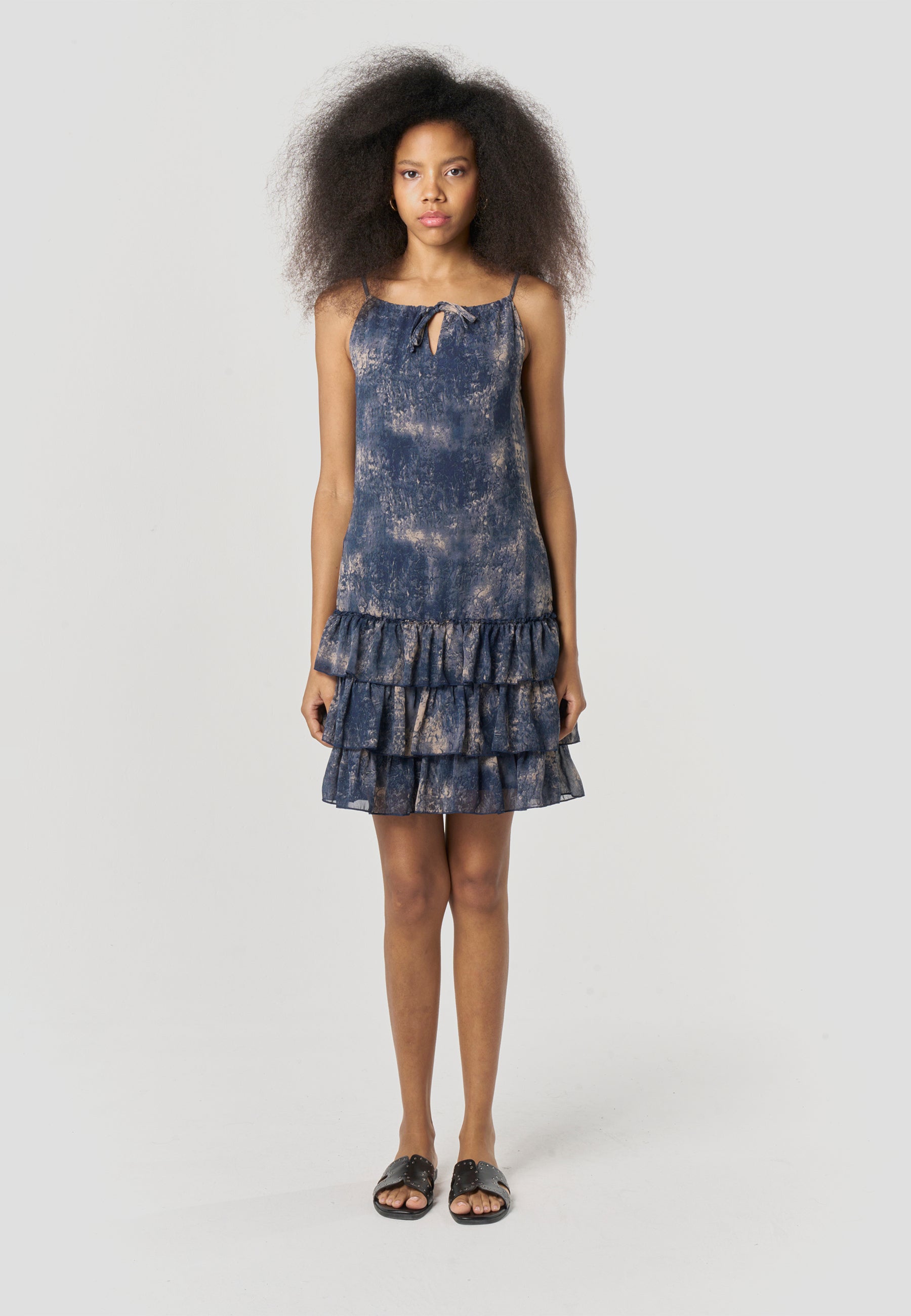 Vestido Mujer Corto Tirantes Estampado Volantes – Koroshi Azul