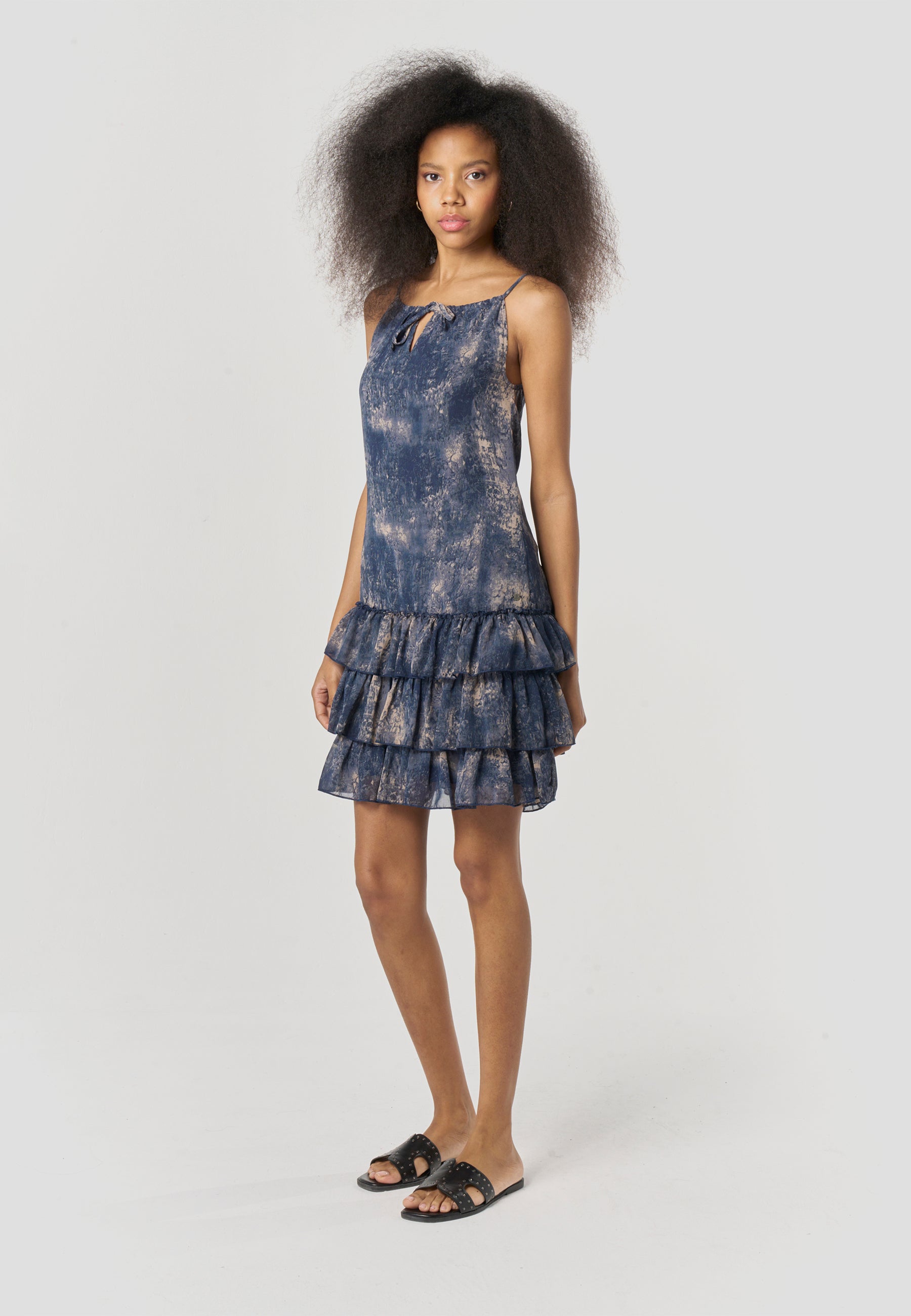 Vestido Mujer Corto Tirantes Estampado Volantes – Koroshi Azul