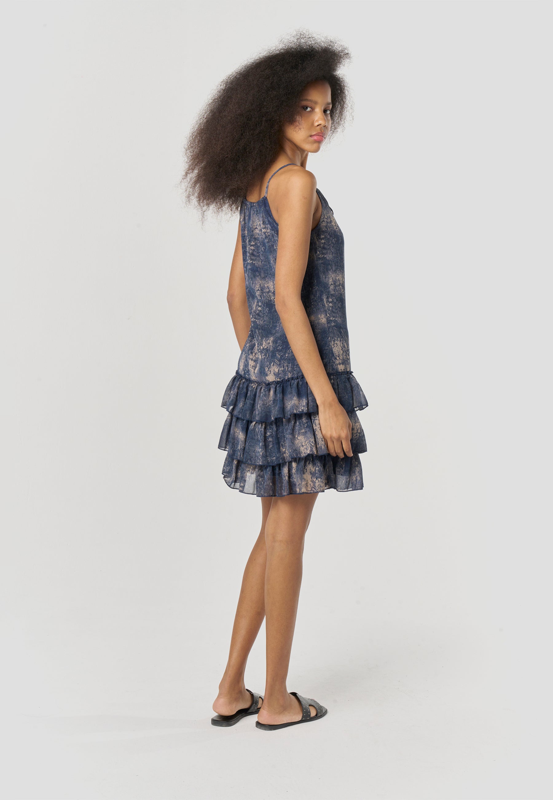Vestido Mujer Corto Tirantes Estampado Volantes – Koroshi Azul